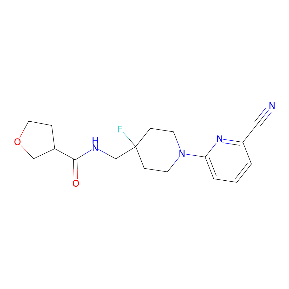 N-{[1-(6-cyanopyridin-2-yl)-4-fluoropiperidin-4-yl]methyl}oxolane-3-carboxamide molecular structure, CAS 2877764-18-4