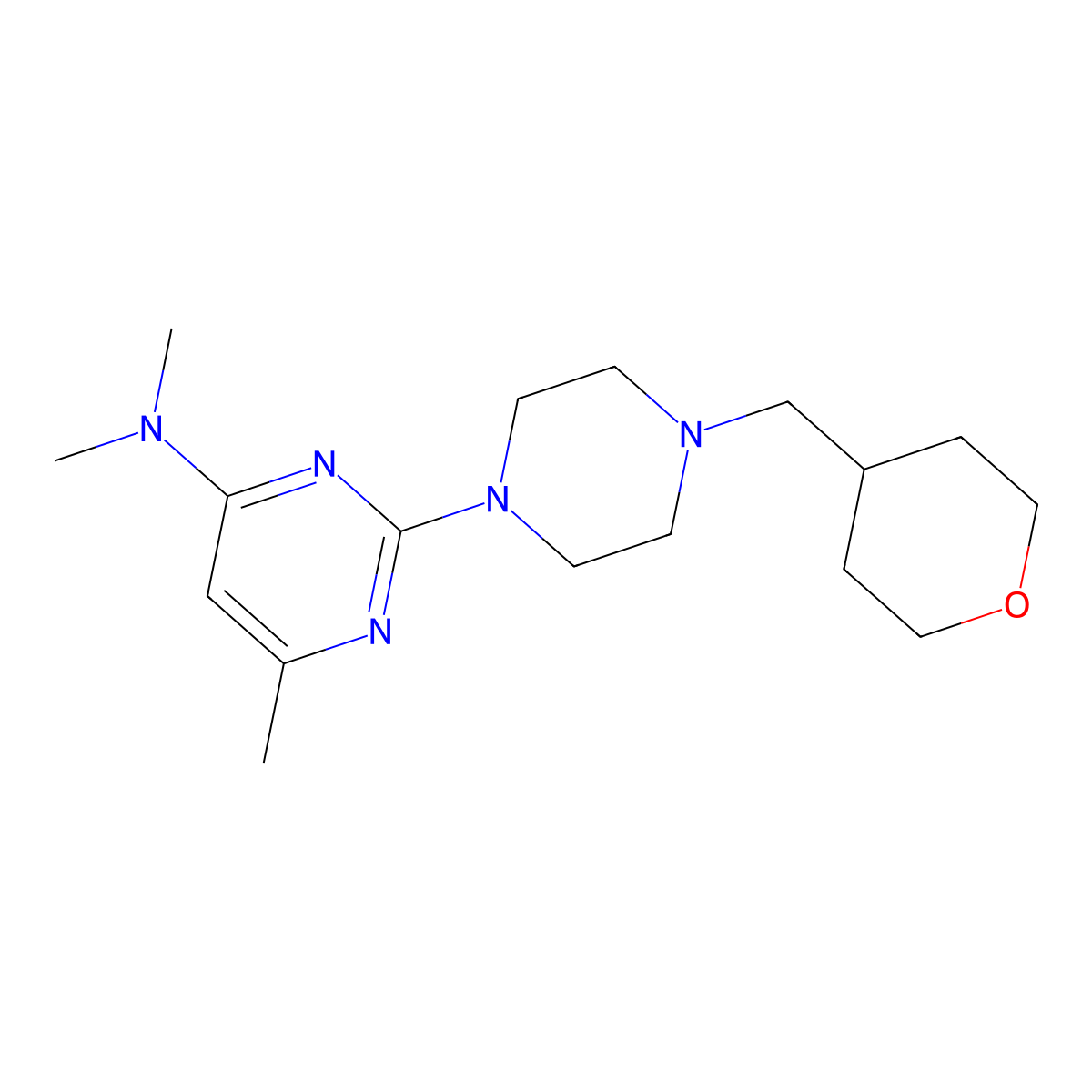 N,N,6-trimethyl-2-{4-[(oxan-4-yl)methyl]piperazin-1-yl}pyrimidin-4-amine molecular structure, CAS 2877764-25-3