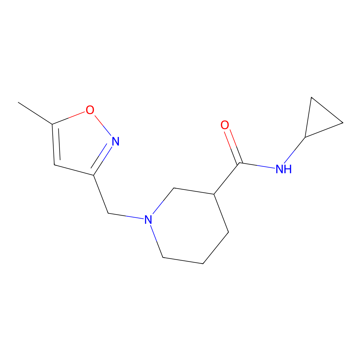 N-cyclopropyl-1-[(5-methyl-1,2-oxazol-3-yl)methyl]piperidine-3-carboxamide molecular structure, CAS 2877764-28-6