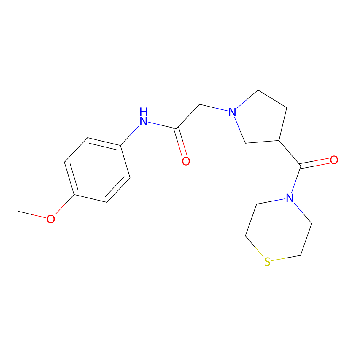 N-(4-methoxyphenyl)-2-[3-(thiomorpholine-4-carbonyl)pyrrolidin-1-yl]acetamide molecular structure, CAS 2877764-34-4