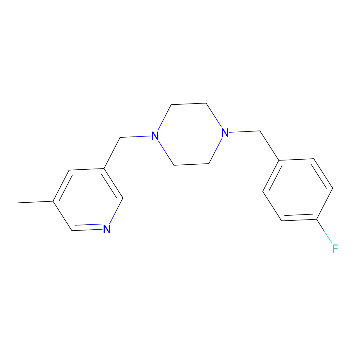 1-[(4-Fluorophenyl)methyl]-4-[(5-methylpyridin-3-yl)methyl]piperazine molecular structure, CAS 2877764-35-5