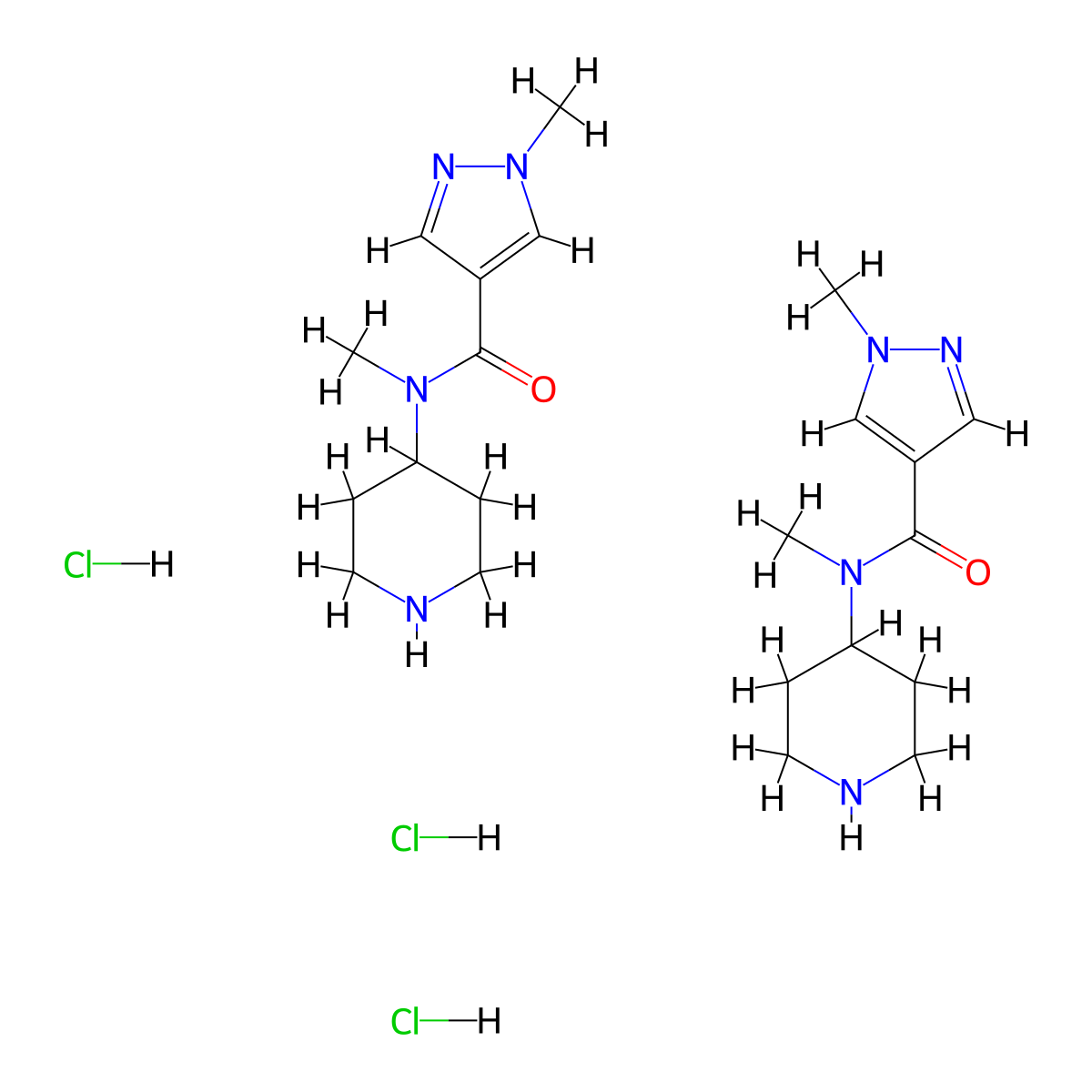 bis(N,1-dimethyl-N-(piperidin-4-yl)-1H-pyrazole-4-carboxamide) trihydrochloride molecular structure, CAS 2877764-39-9