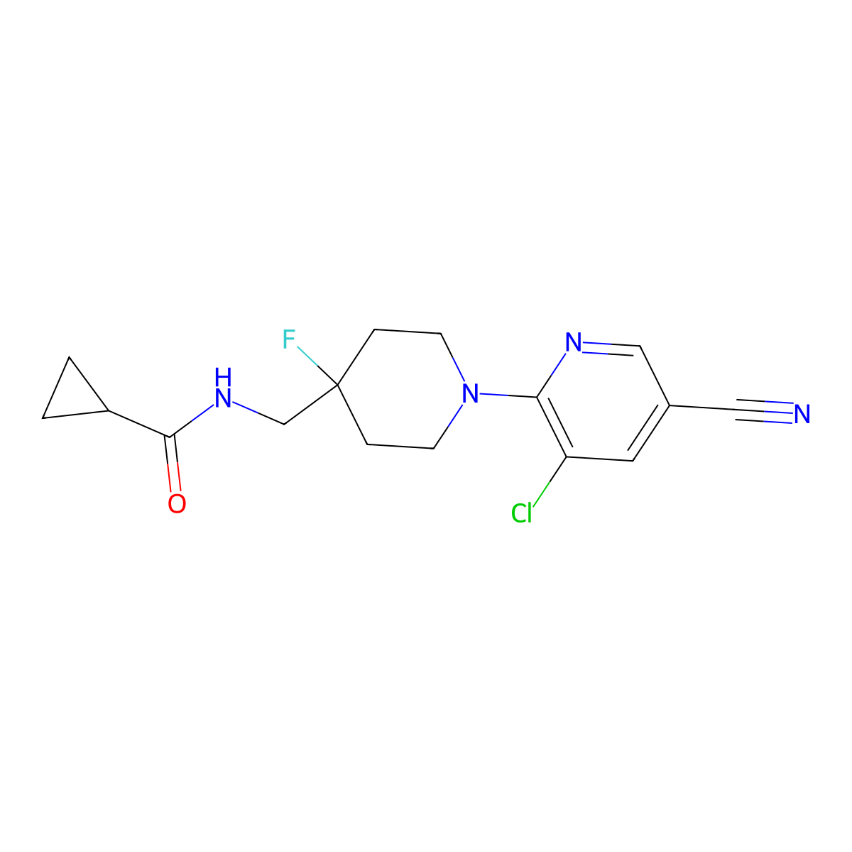 N-{[1-(3-chloro-5-cyanopyridin-2-yl)-4-fluoropiperidin-4-yl]methyl}cyclopropanecarboxamide molecular structure, CAS 2877764-45-7