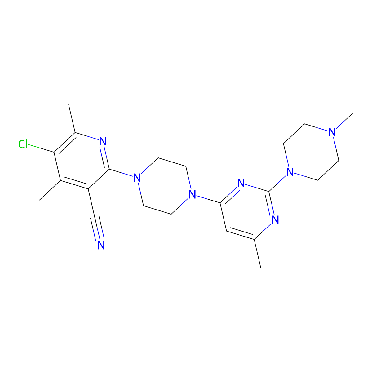 5-Chloro-4,6-dimethyl-2-{4-[6-methyl-2-(4-methylpiperazin-1-yl)pyrimidin-4-yl]piperazin-1-yl}pyridine-3-carbonitrile molecular structure, CAS 2877764-46-8