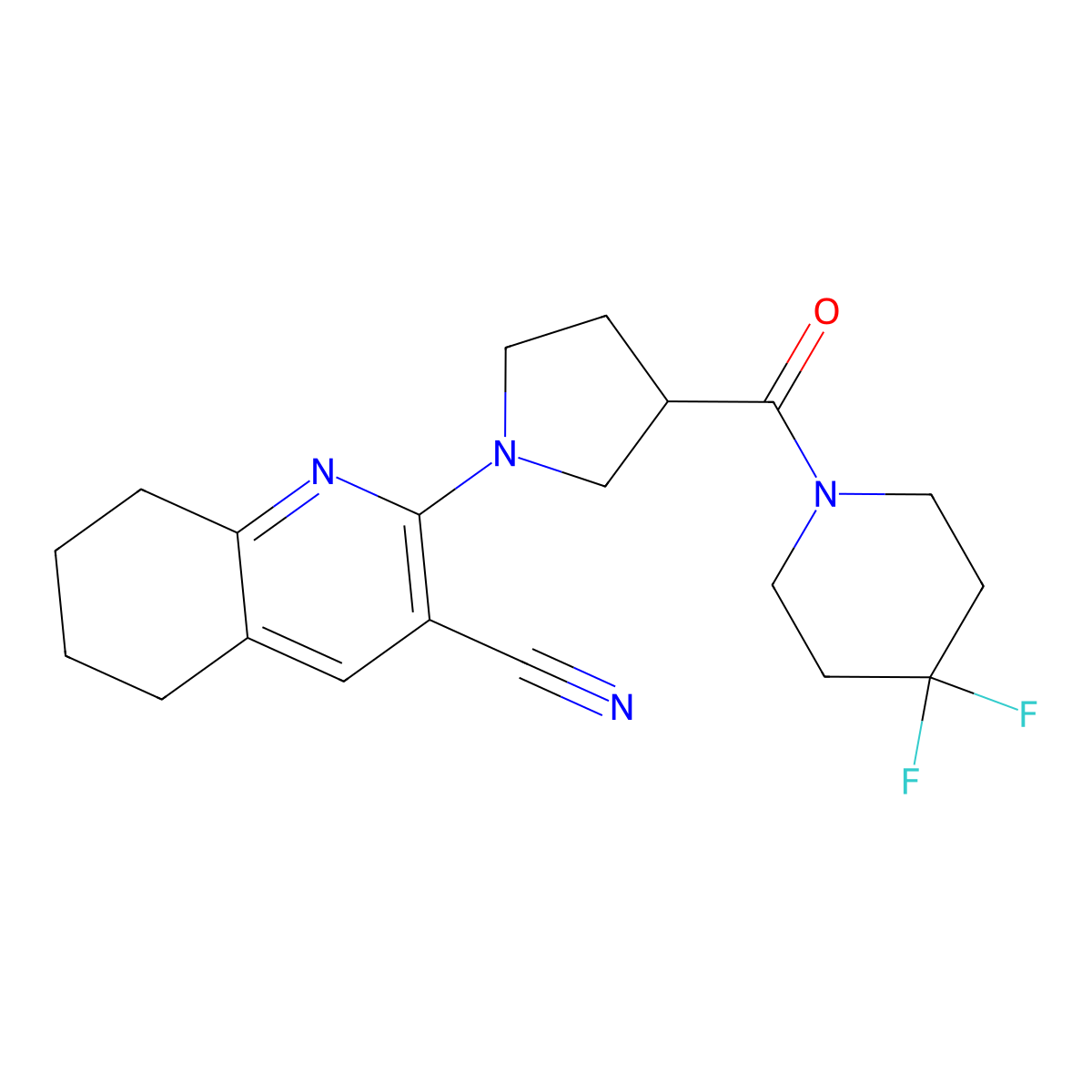 2-[3-(4,4-Difluoropiperidine-1-carbonyl)pyrrolidin-1-yl]-5,6,7,8-tetrahydroquinoline-3-carbonitrile molecular structure, CAS 2877764-54-8