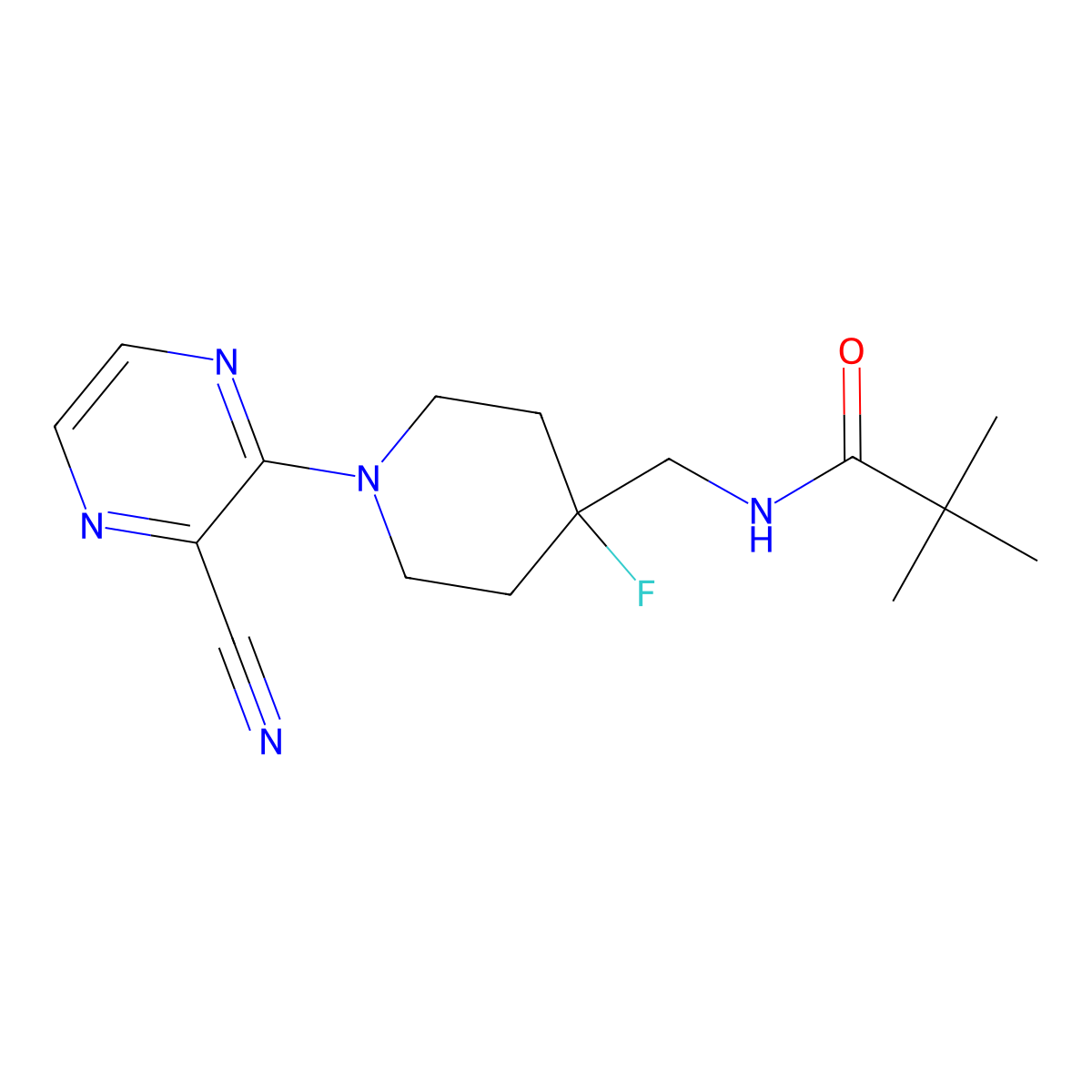 N-{[1-(3-cyanopyrazin-2-yl)-4-fluoropiperidin-4-yl]methyl}-2,2-dimethylpropanamide molecular structure, CAS 2877764-55-9