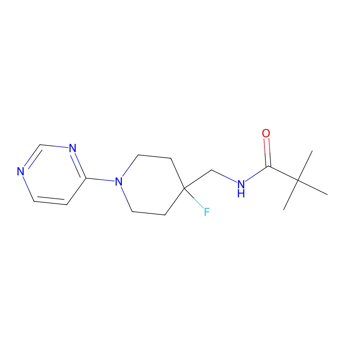 N-{[4-fluoro-1-(pyrimidin-4-yl)piperidin-4-yl]methyl}-2,2-dimethylpropanamide molecular structure, CAS 2877764-60-6