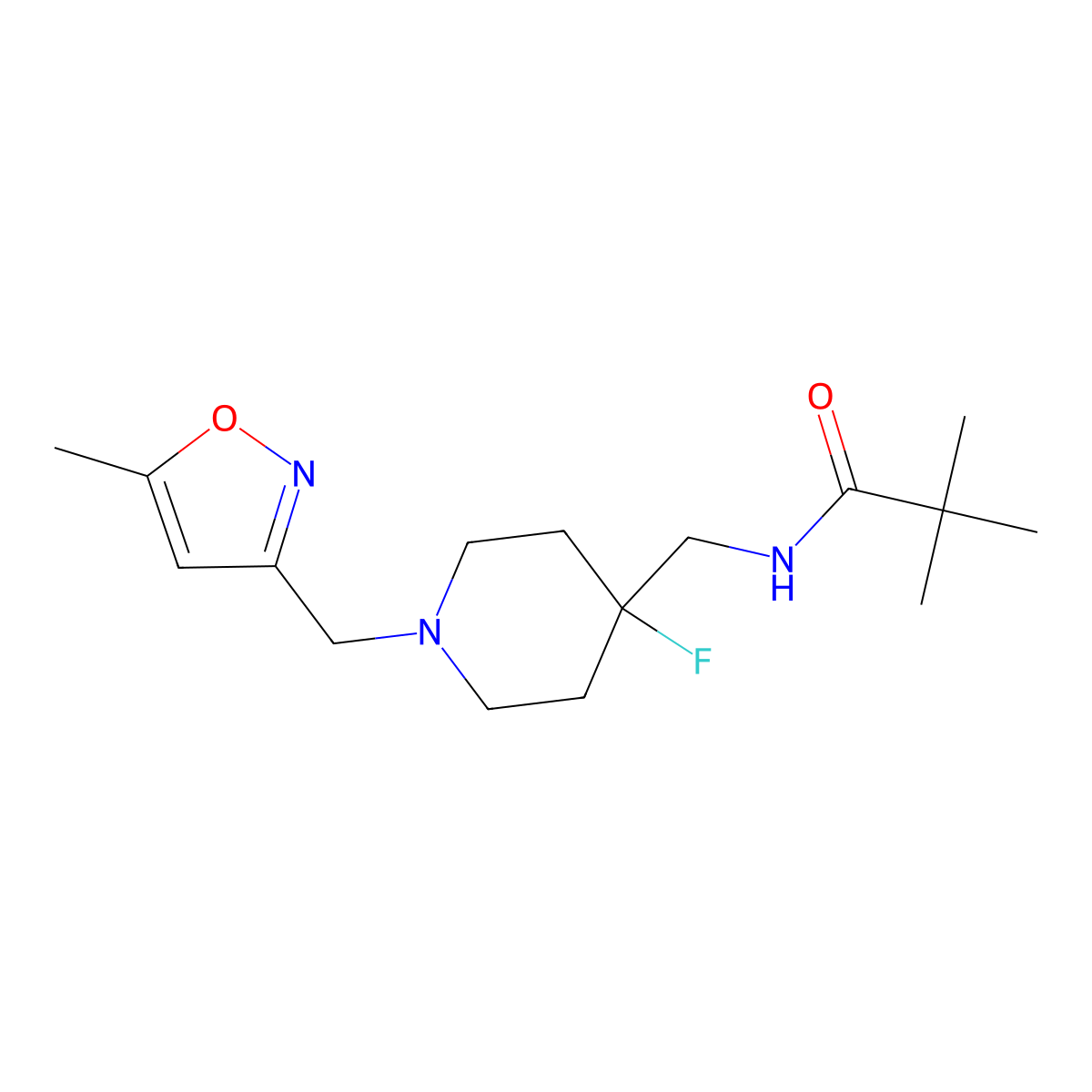 N-({4-fluoro-1-[(5-methyl-1,2-oxazol-3-yl)methyl]piperidin-4-yl}methyl)-2,2-dimethylpropanamide molecular structure, CAS 2877764-64-0