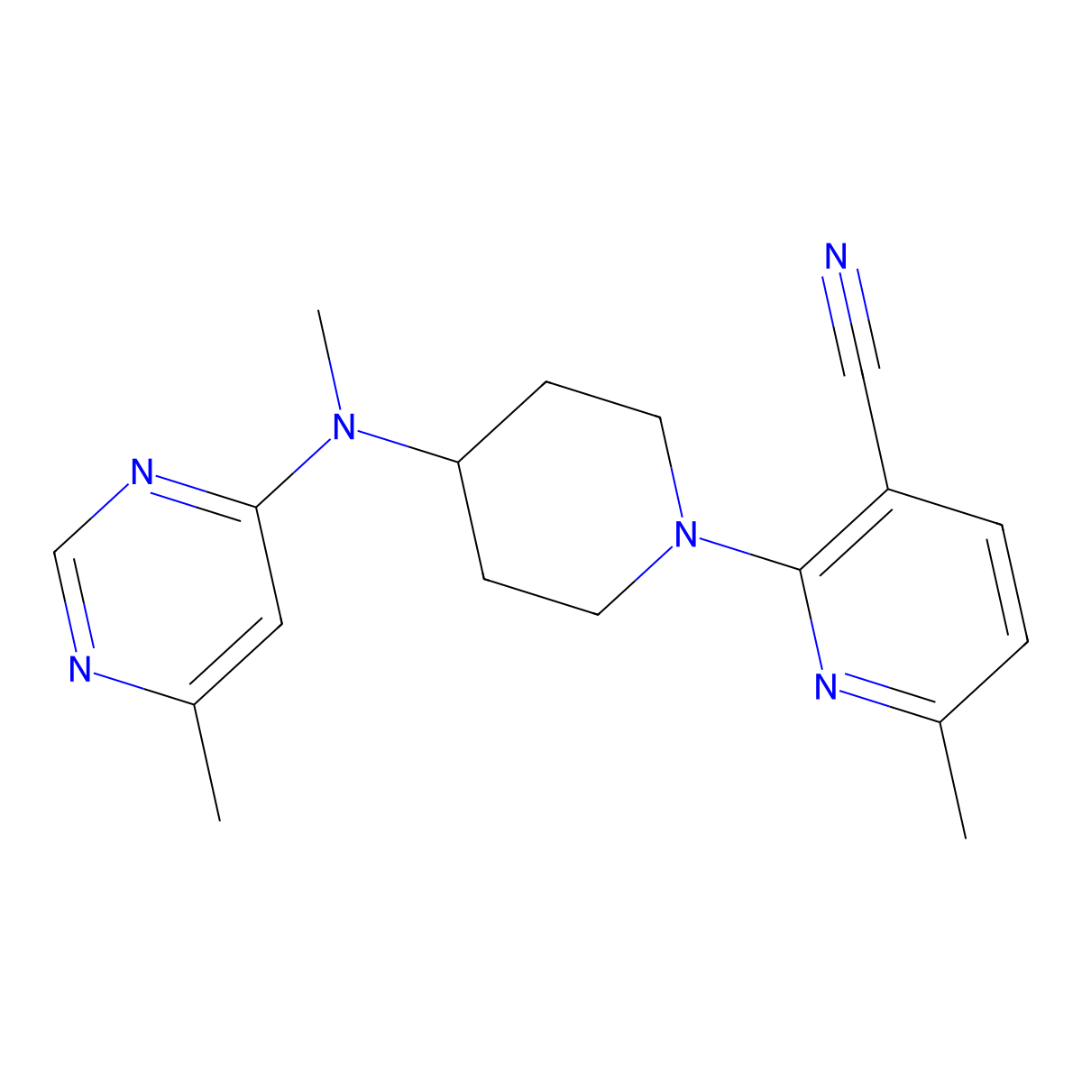 6-Methyl-2-{4-[methyl(6-methylpyrimidin-4-yl)amino]piperidin-1-yl}pyridine-3-carbonitrile molecular structure, CAS 2877764-68-4