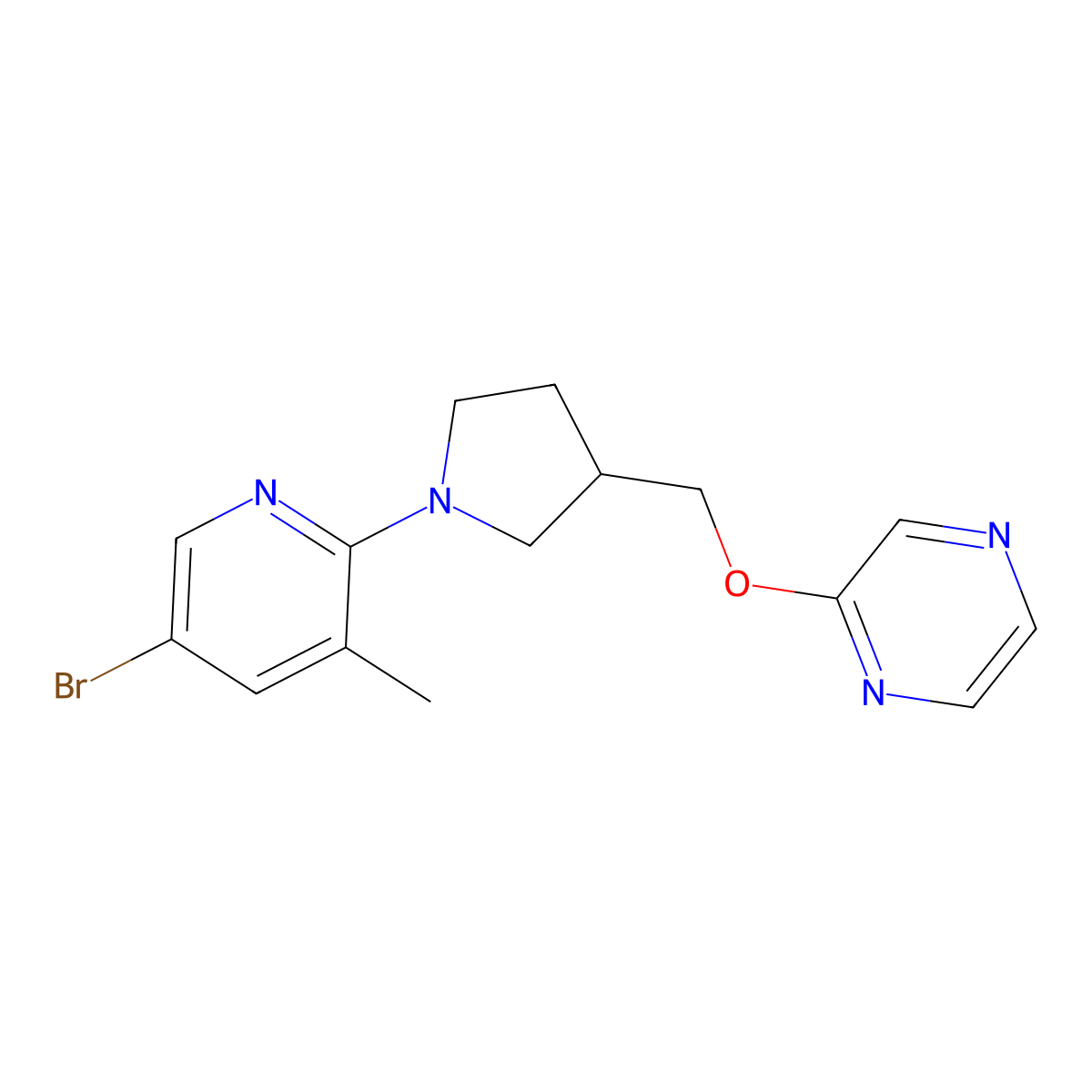 2-{[1-(5-Bromo-3-methylpyridin-2-yl)pyrrolidin-3-yl]methoxy}pyrazine molecular structure, CAS 2877764-78-6