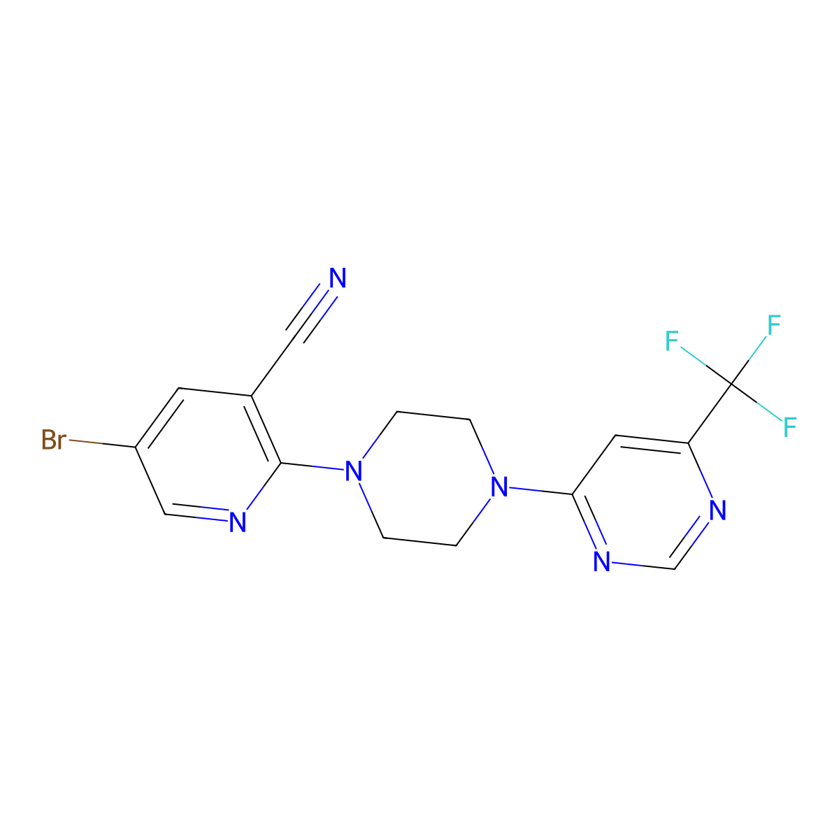5-Bromo-2-{4-[6-(trifluoromethyl)pyrimidin-4-yl]piperazin-1-yl}pyridine-3-carbonitrile molecular structure, CAS 2877764-82-2