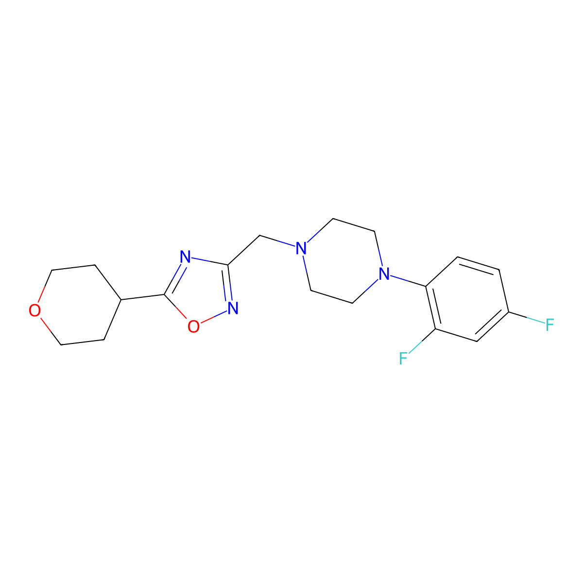 1-(2,4-Difluorophenyl)-4-{[5-(oxan-4-yl)-1,2,4-oxadiazol-3-yl]methyl}piperazine molecular structure, CAS 2877764-84-4