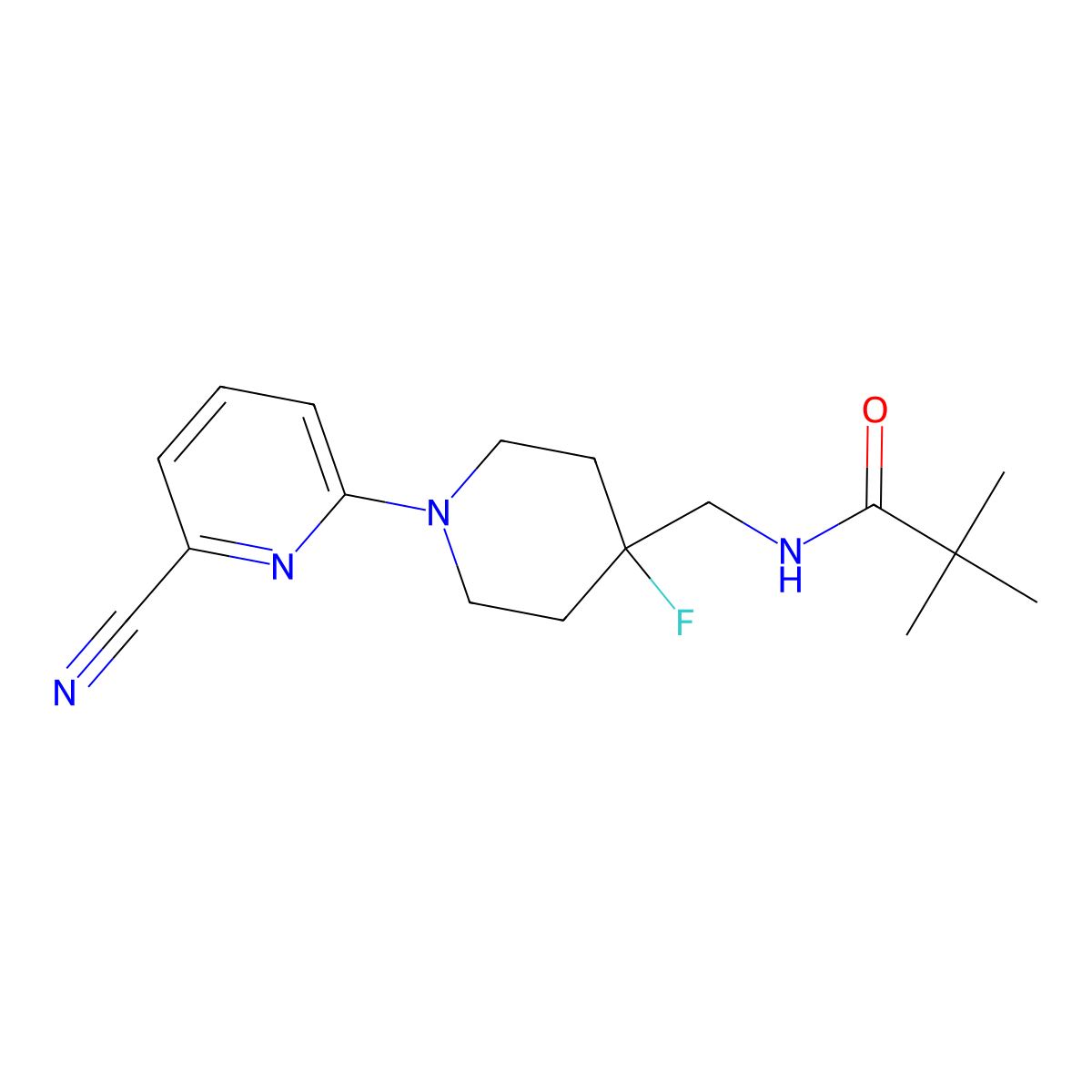 N-{[1-(6-cyanopyridin-2-yl)-4-fluoropiperidin-4-yl]methyl}-2,2-dimethylpropanamide molecular structure, CAS 2877764-85-5