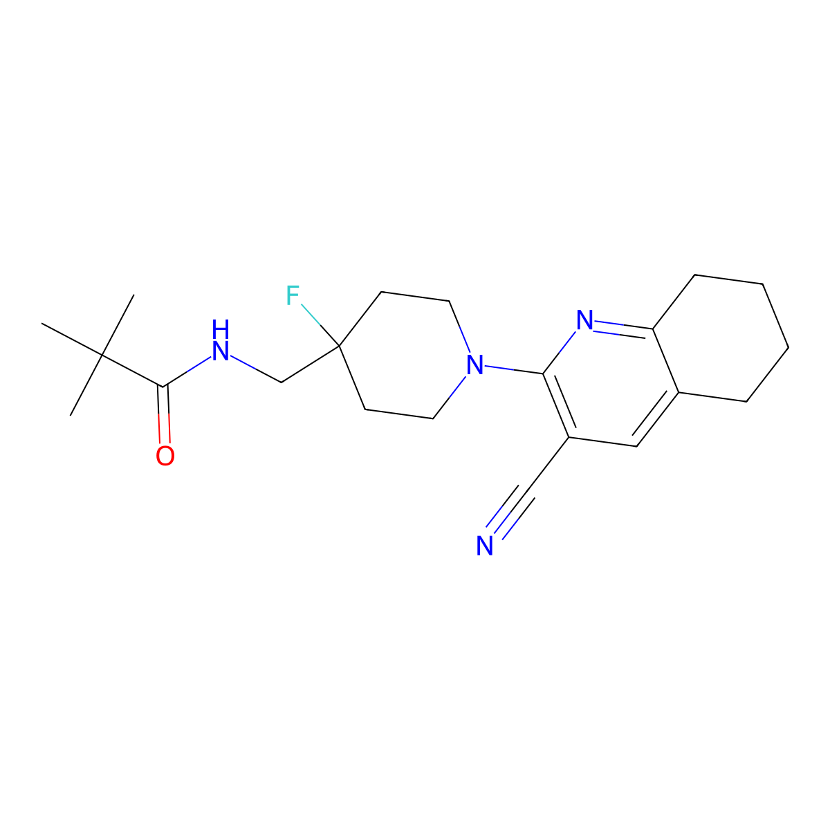 N-{[1-(3-cyano-5,6,7,8-tetrahydroquinolin-2-yl)-4-fluoropiperidin-4-yl]methyl}-2,2-dimethylpropanamide molecular structure, CAS 2877764-91-3