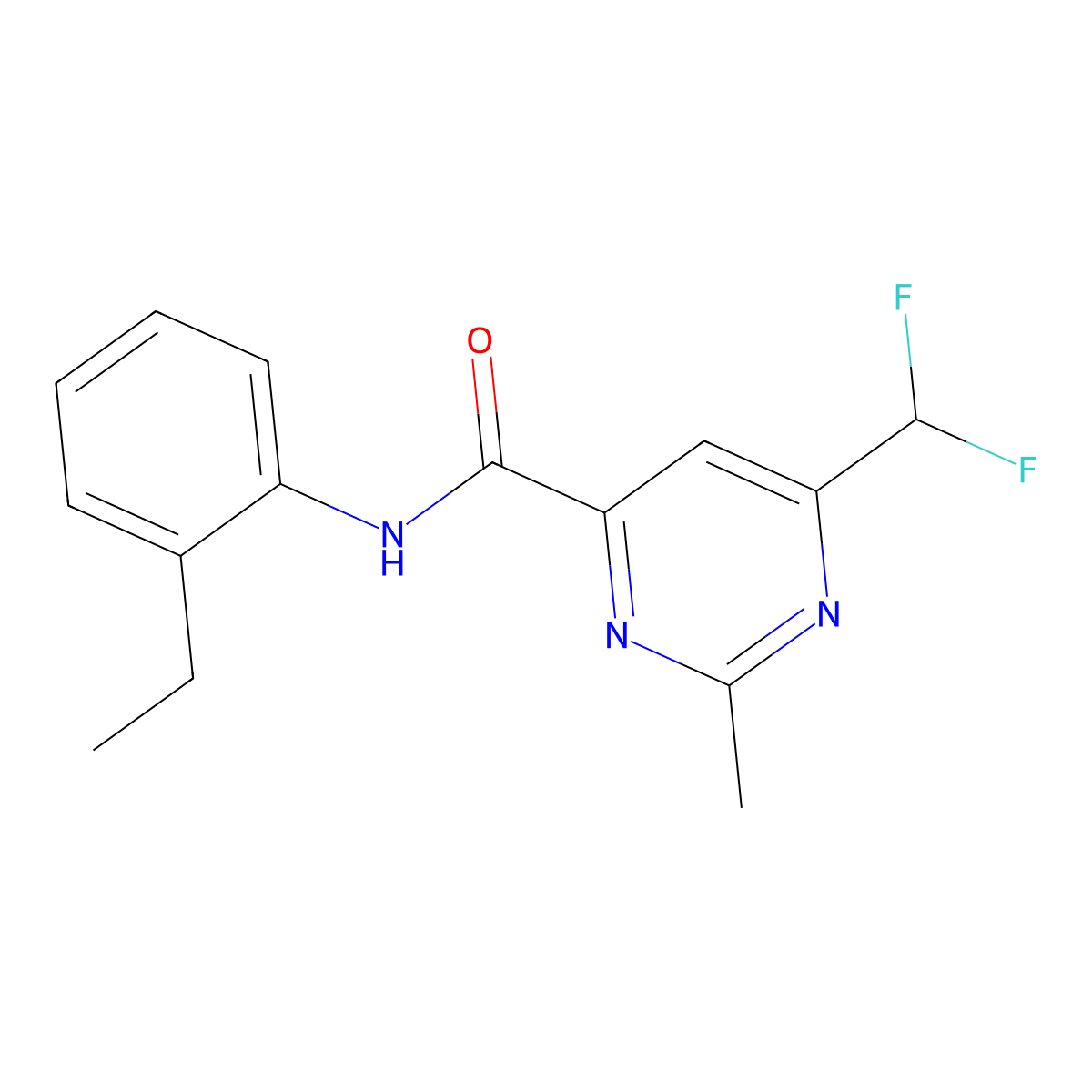6-(difluoromethyl)-N-(2-ethylphenyl)-2-methylpyrimidine-4-carboxamide molecular structure, CAS 2877764-95-7
