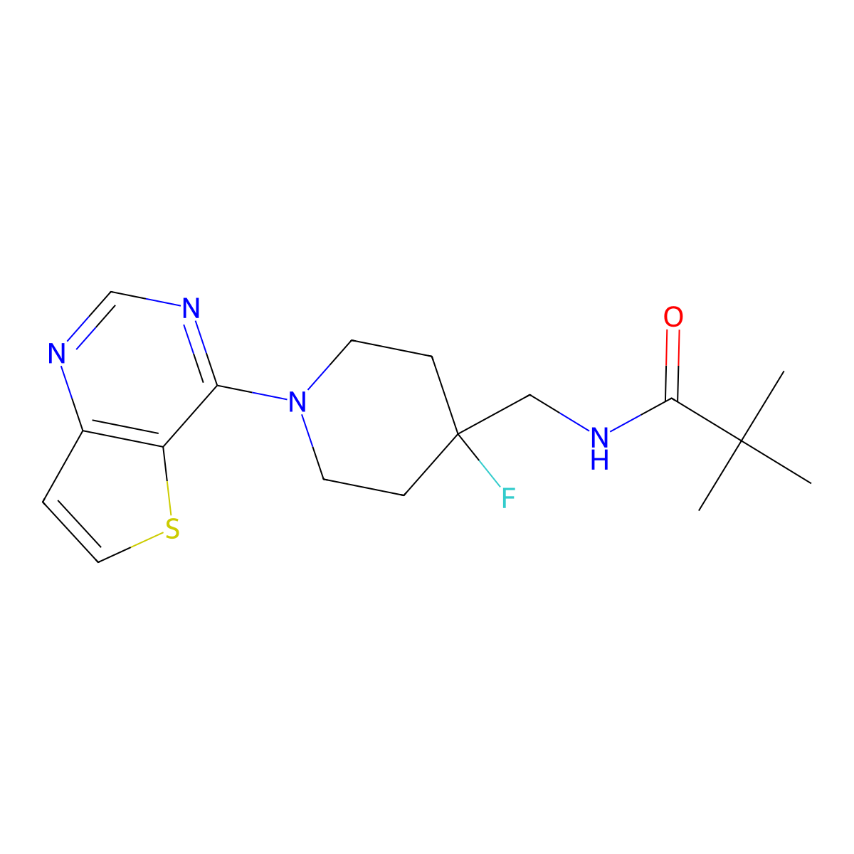 N-[(4-fluoro-1-{thieno[3,2-d]pyrimidin-4-yl}piperidin-4-yl)methyl]-2,2-dimethylpropanamide molecular structure, CAS 2877765-05-2