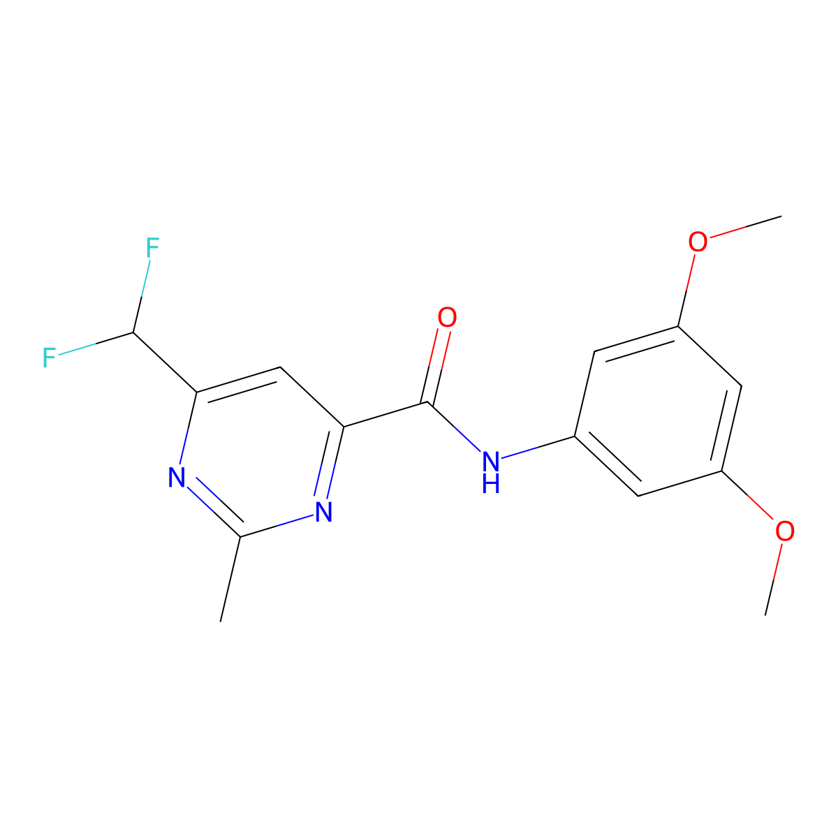 6-(difluoromethyl)-N-(3,5-dimethoxyphenyl)-2-methylpyrimidine-4-carboxamide molecular structure, CAS 2877765-08-5