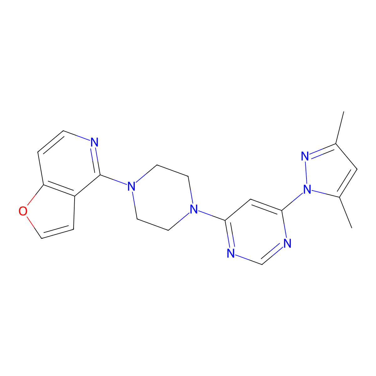 4-(3,5-dimethyl-1H-pyrazol-1-yl)-6-(4-{furo[3,2-c]pyridin-4-yl}piperazin-1-yl)pyrimidine molecular structure, CAS 2877765-17-6