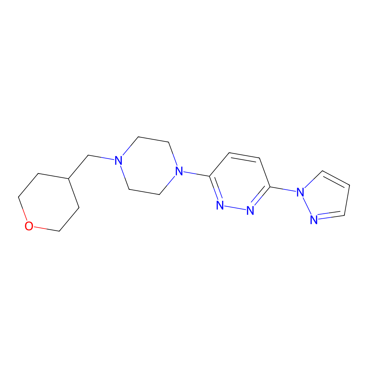 3-{4-[(oxan-4-yl)methyl]piperazin-1-yl}-6-(1H-pyrazol-1-yl)pyridazine molecular structure, CAS 2877765-20-1