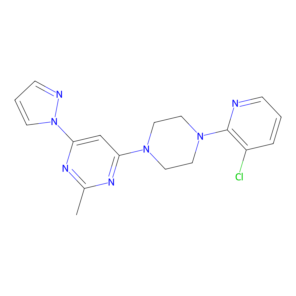 4-[4-(3-chloropyridin-2-yl)piperazin-1-yl]-2-methyl-6-(1H-pyrazol-1-yl)pyrimidine molecular structure, CAS 2877765-23-4