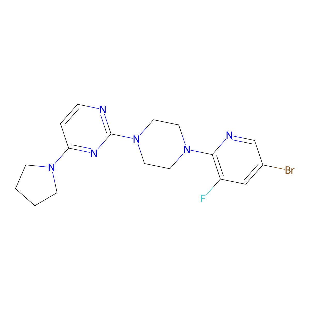 2-[4-(5-Bromo-3-fluoropyridin-2-yl)piperazin-1-yl]-4-(pyrrolidin-1-yl)pyrimidine molecular structure, CAS 2877765-26-7