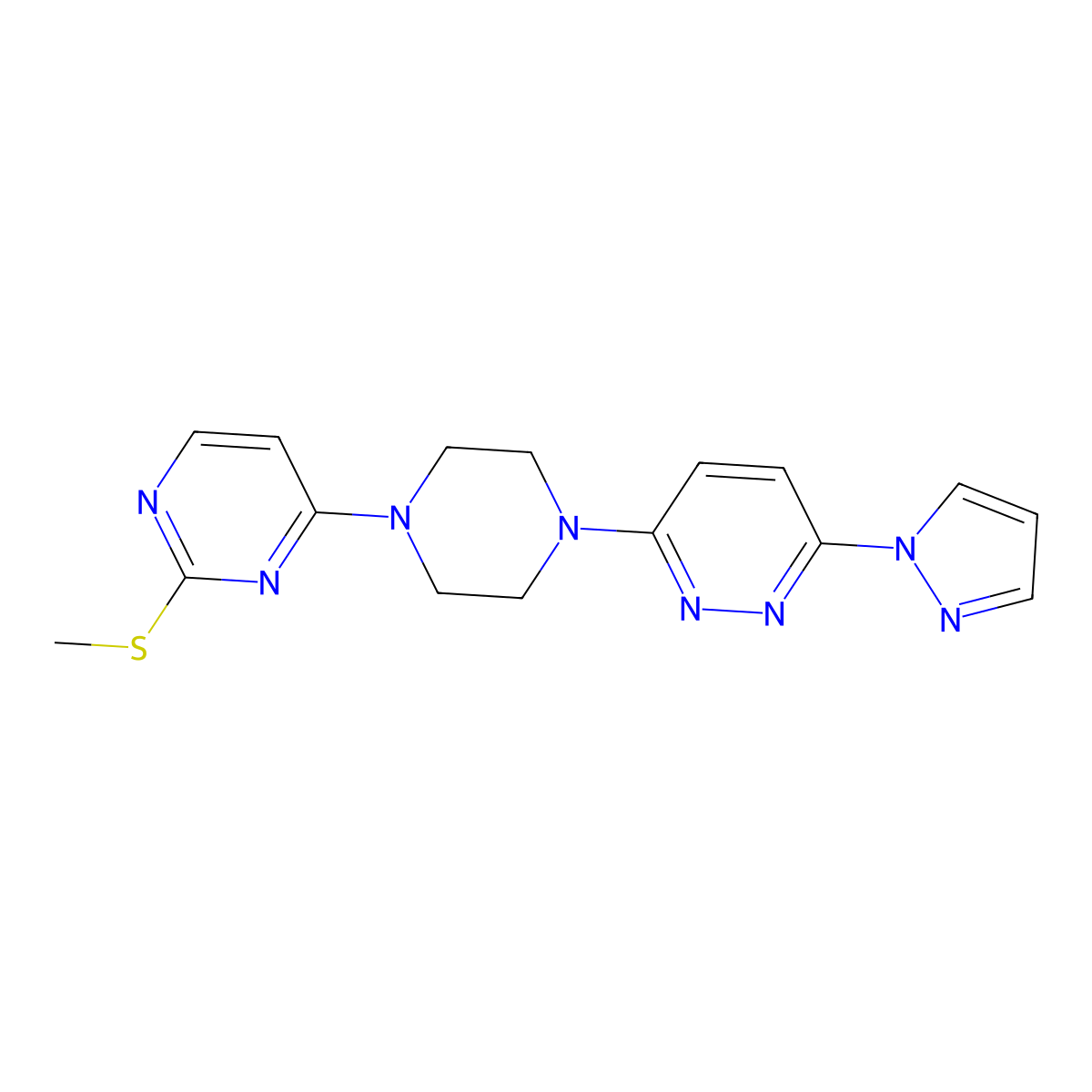 3-{4-[2-(methylsulfanyl)pyrimidin-4-yl]piperazin-1-yl}-6-(1H-pyrazol-1-yl)pyridazine molecular structure, CAS 2877765-27-8