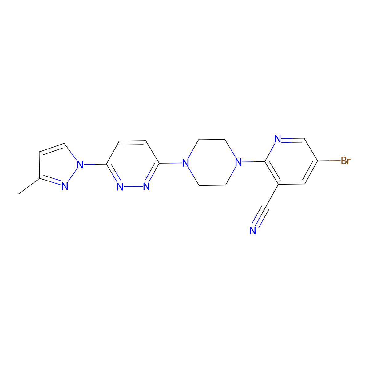 5-bromo-2-{4-[6-(3-methyl-1H-pyrazol-1-yl)pyridazin-3-yl]piperazin-1-yl}pyridine-3-carbonitrile molecular structure, CAS 2877765-34-7