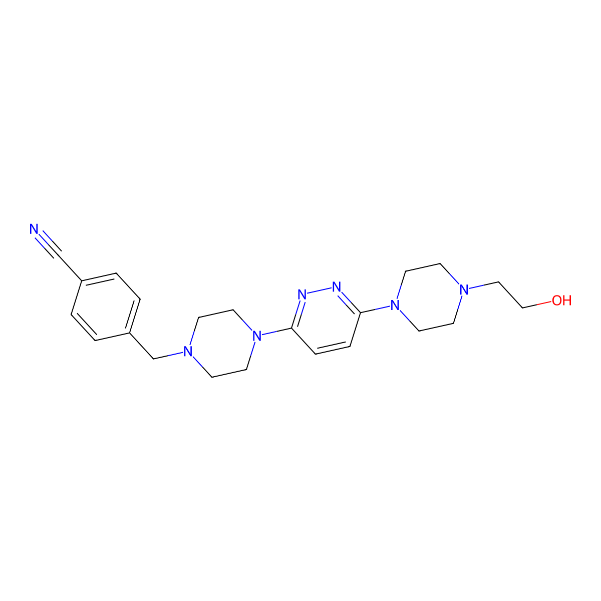 4-[(4-{6-[4-(2-Hydroxyethyl)piperazin-1-yl]pyridazin-3-yl}piperazin-1-yl)methyl]benzonitrile molecular structure, CAS 2877765-38-1