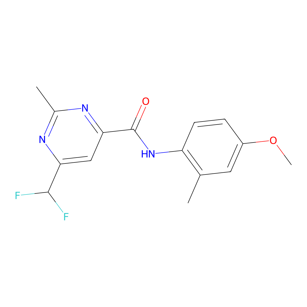 6-(difluoromethyl)-N-(4-methoxy-2-methylphenyl)-2-methylpyrimidine-4-carboxamide molecular structure, CAS 2877765-49-4
