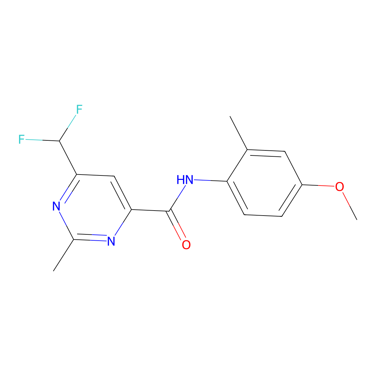 6-(difluoromethyl)-N-(4-methoxy-2-methylphenyl)-2-methylpyrimidine-4-carboxamide molecular structure, CAS 2877765-49-4
