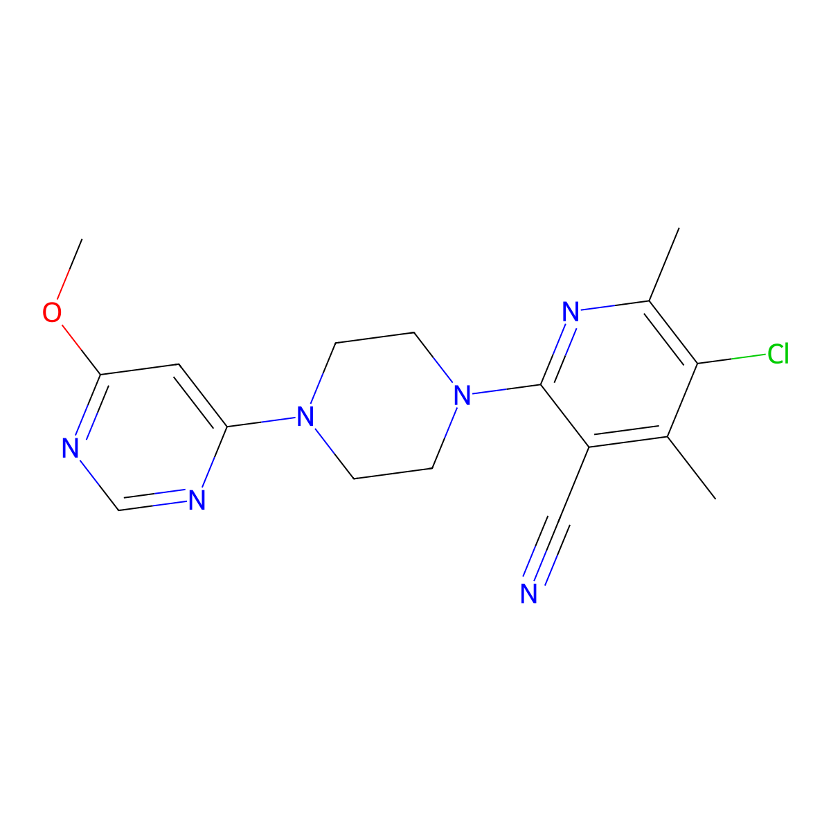 5-Chloro-2-[4-(6-methoxypyrimidin-4-yl)piperazin-1-yl]-4,6-dimethylpyridine-3-carbonitrile molecular structure, CAS 2877765-60-9