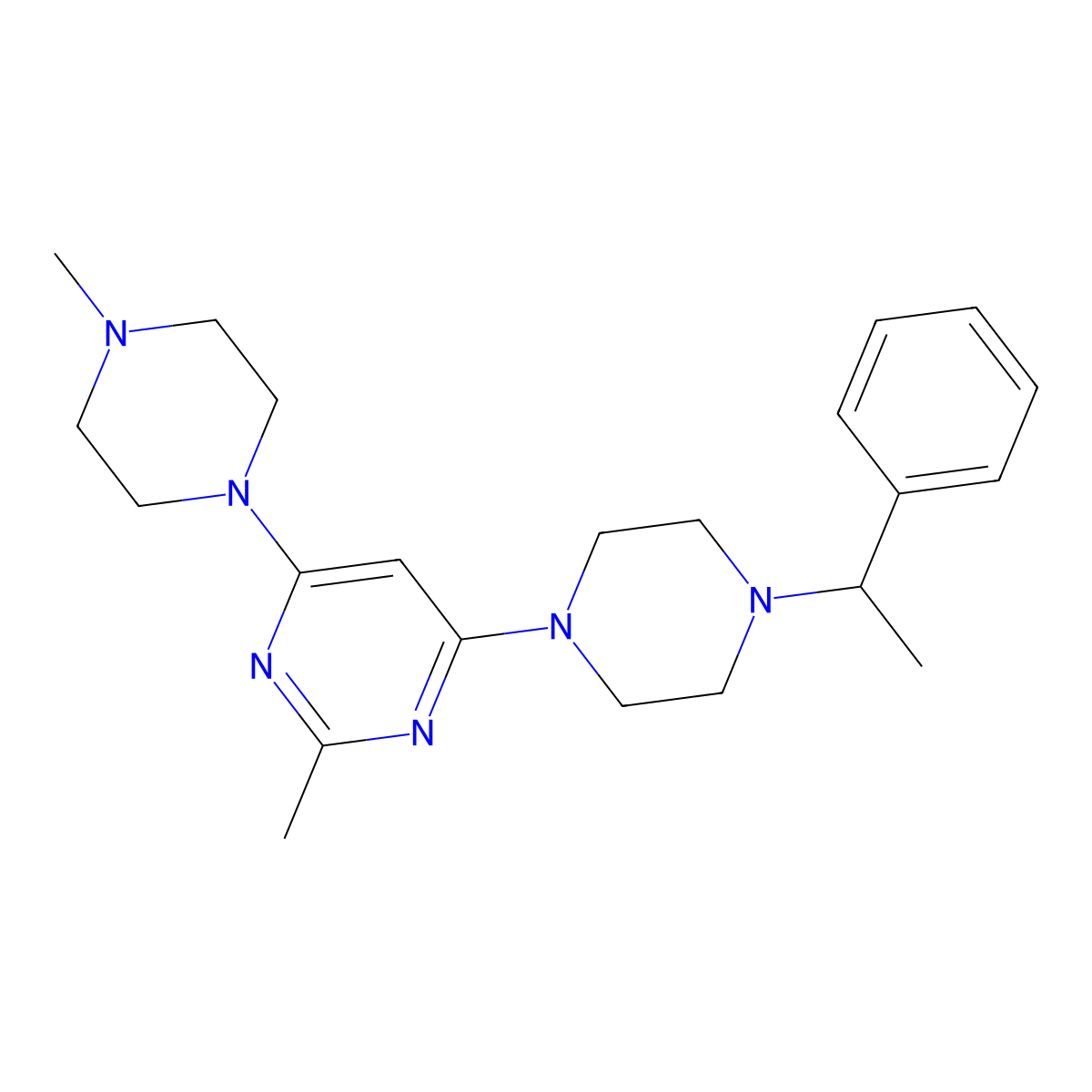 2-Methyl-4-(4-methylpiperazin-1-yl)-6-[4-(1-phenylethyl)piperazin-1-yl]pyrimidine molecular structure, CAS 2877765-61-0