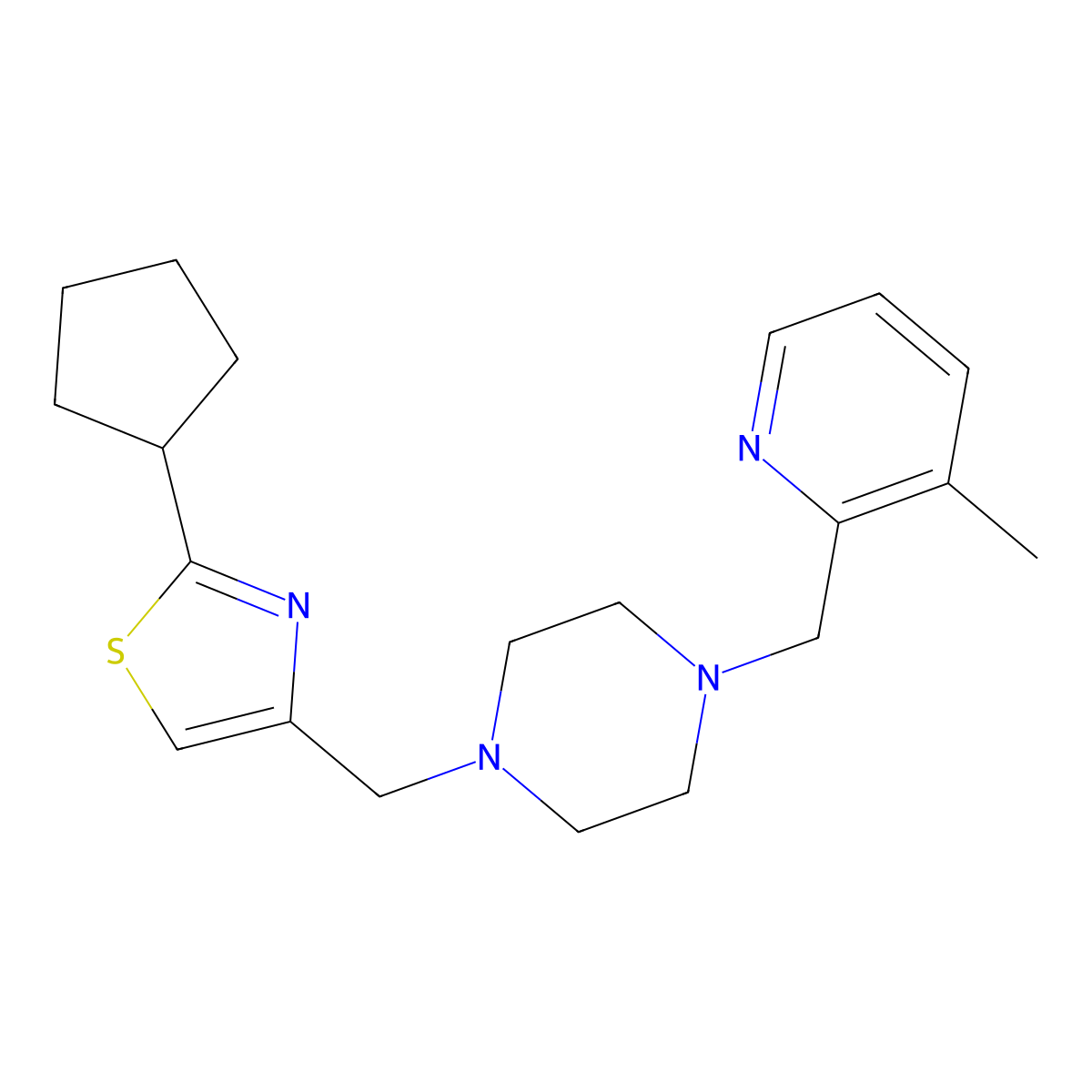 1-[(2-Cyclopentyl-1,3-thiazol-4-yl)methyl]-4-[(3-methylpyridin-2-yl)methyl]piperazine molecular structure, CAS 2877765-64-3
