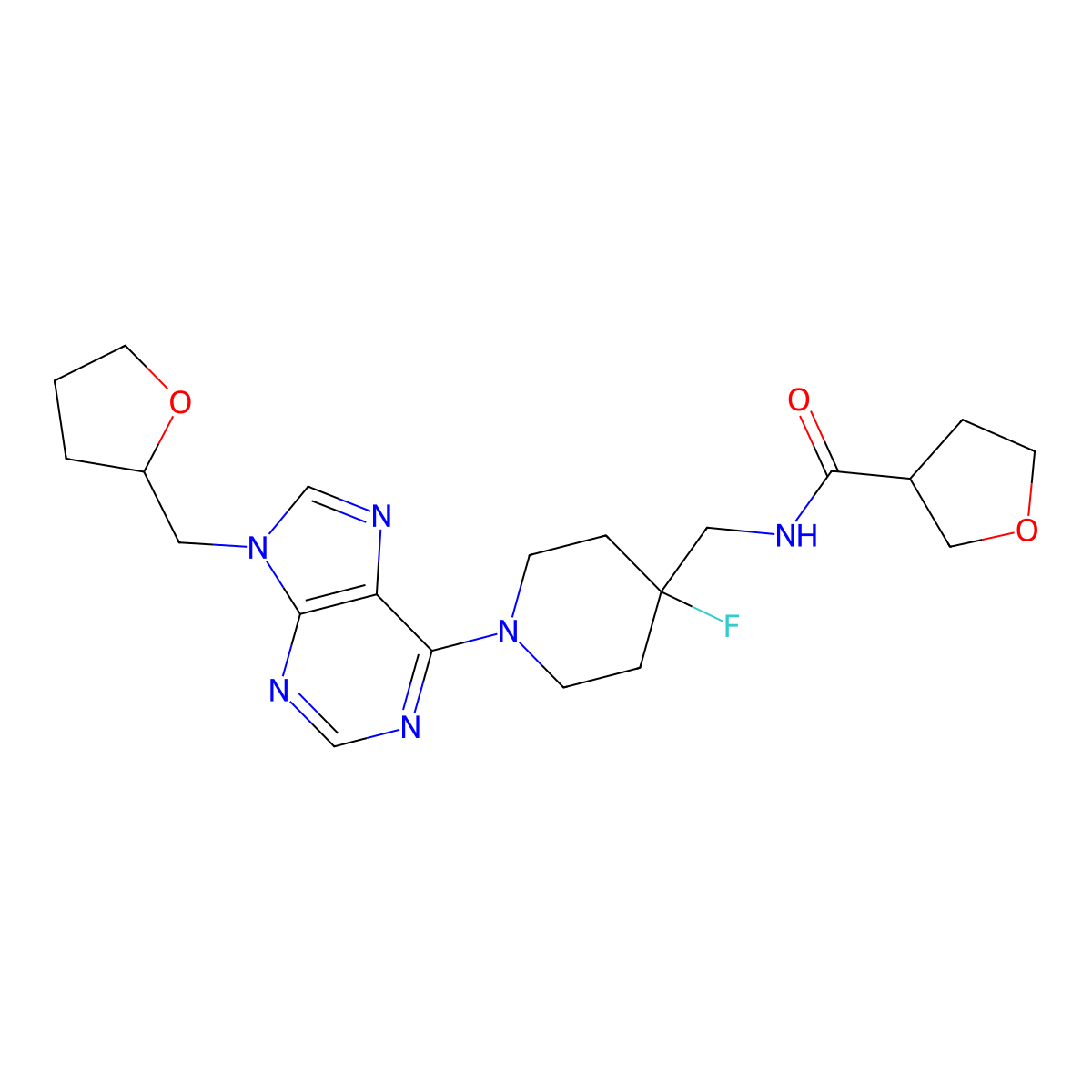 N-[(4-fluoro-1-{9-[(oxolan-2-yl)methyl]-9H-purin-6-yl}piperidin-4-yl)methyl]oxolane-3-carboxamide molecular structure, CAS 2877765-65-4