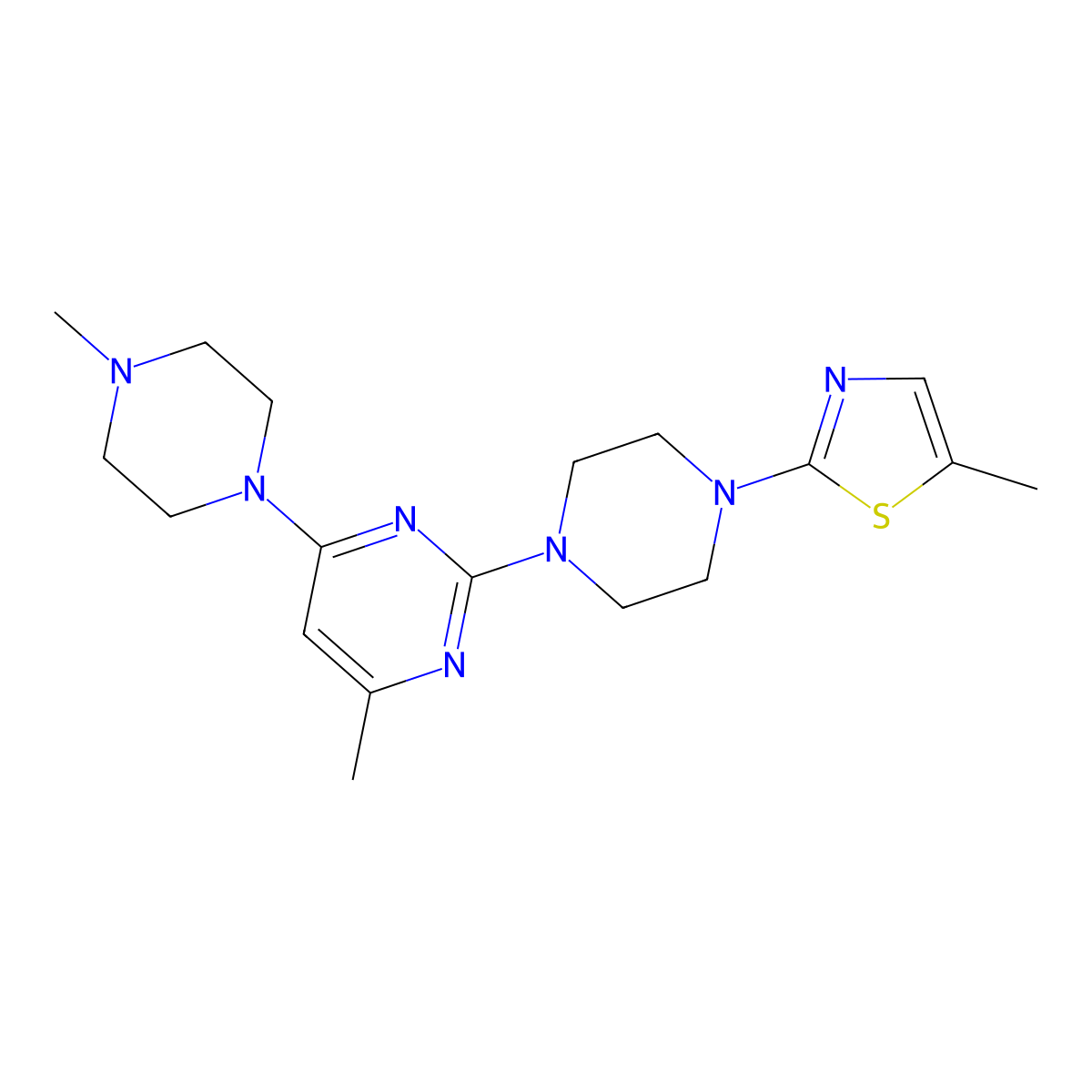4-Methyl-2-[4-(5-methyl-1,3-thiazol-2-yl)piperazin-1-yl]-6-(4-methylpiperazin-1-yl)pyrimidine molecular structure, CAS 2877765-68-7