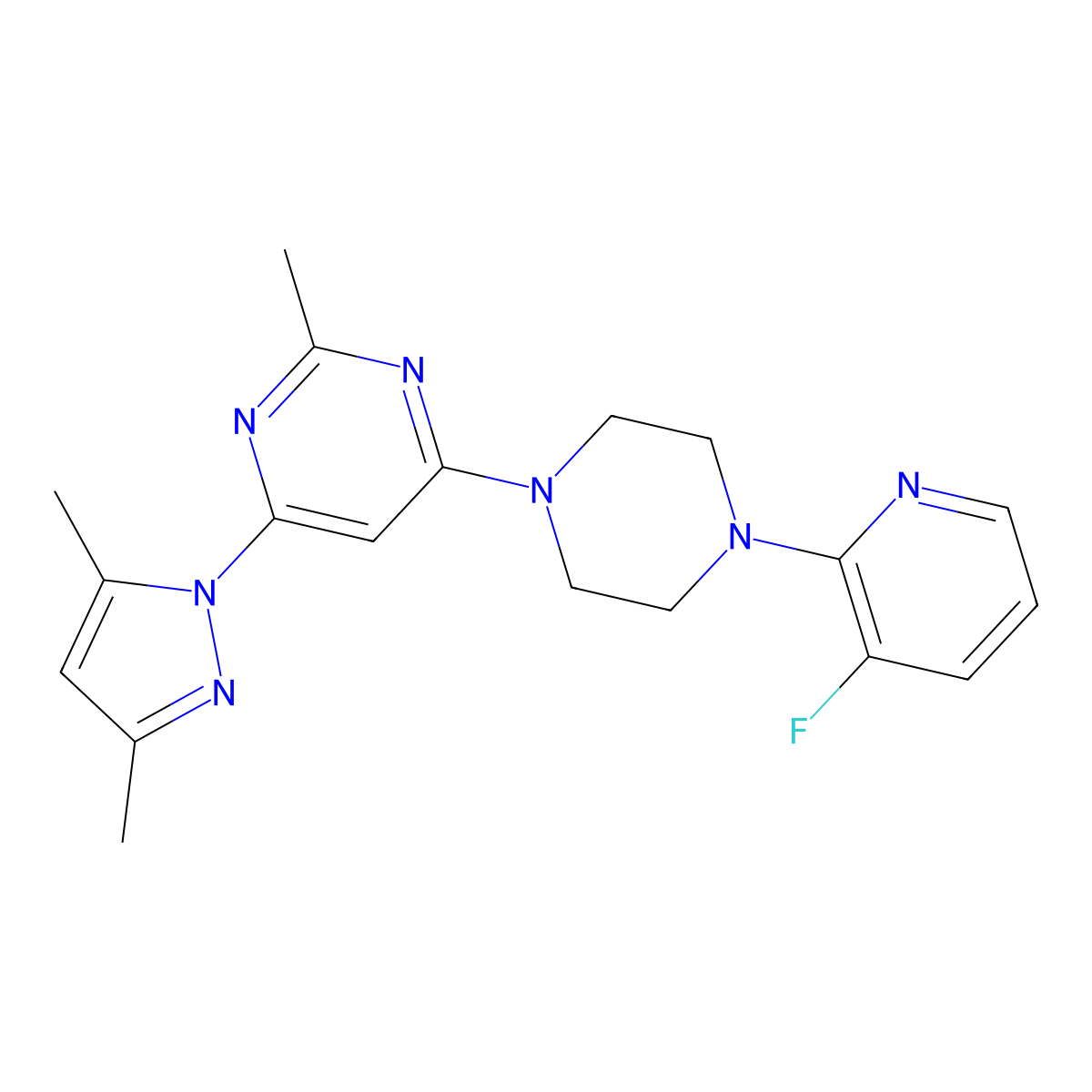 4-(3,5-dimethyl-1H-pyrazol-1-yl)-6-[4-(3-fluoropyridin-2-yl)piperazin-1-yl]-2-methylpyrimidine molecular structure, CAS 2877765-74-5