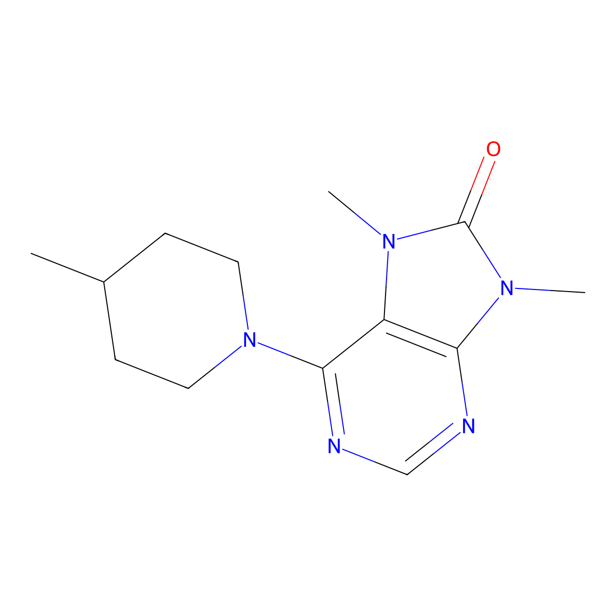 7,9-dimethyl-6-(4-methylpiperidin-1-yl)-8,9-dihydro-7H-purin-8-one molecular structure, CAS 2877765-76-7