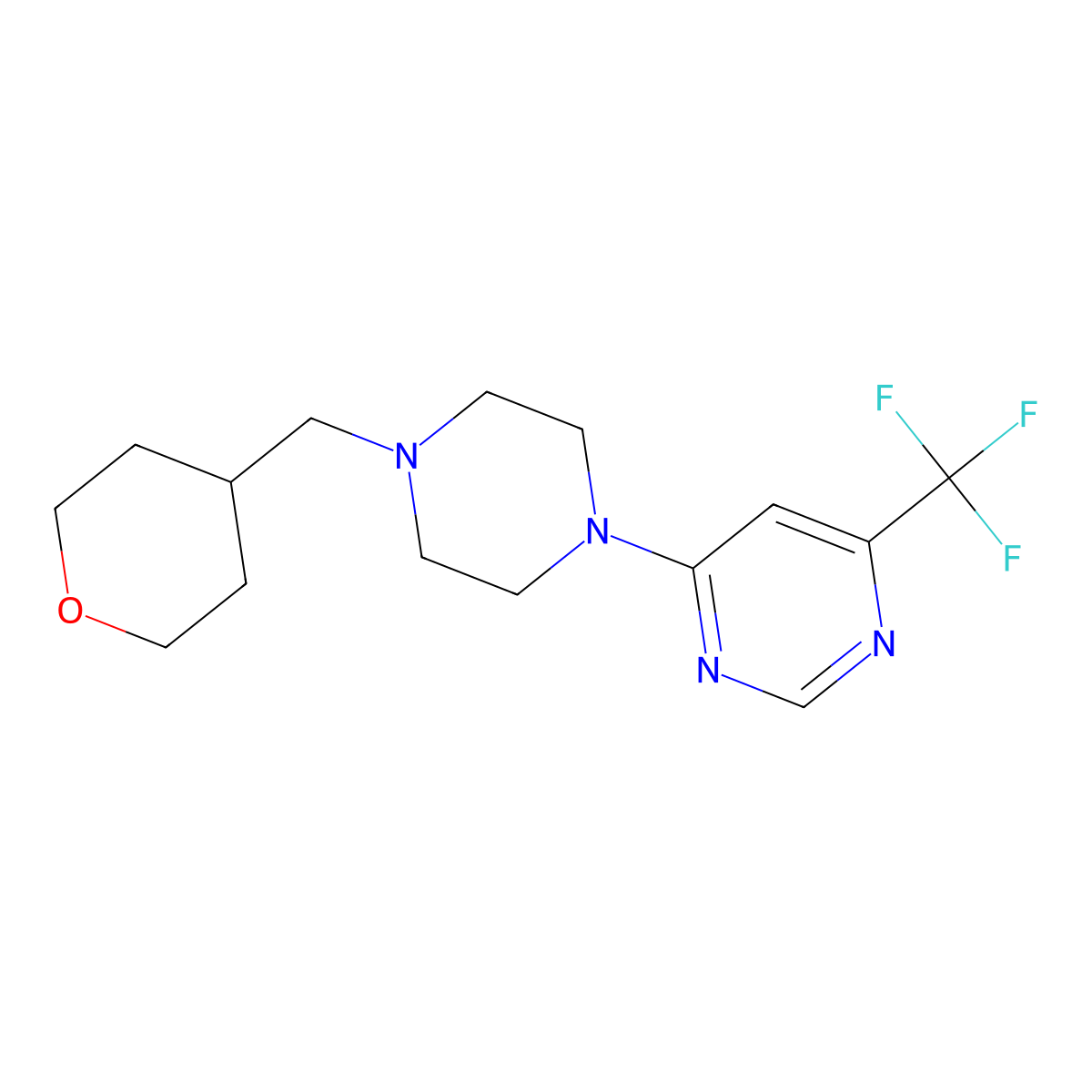4-{4-[(Oxan-4-yl)methyl]piperazin-1-yl}-6-(trifluoromethyl)pyrimidine molecular structure, CAS 2877765-77-8