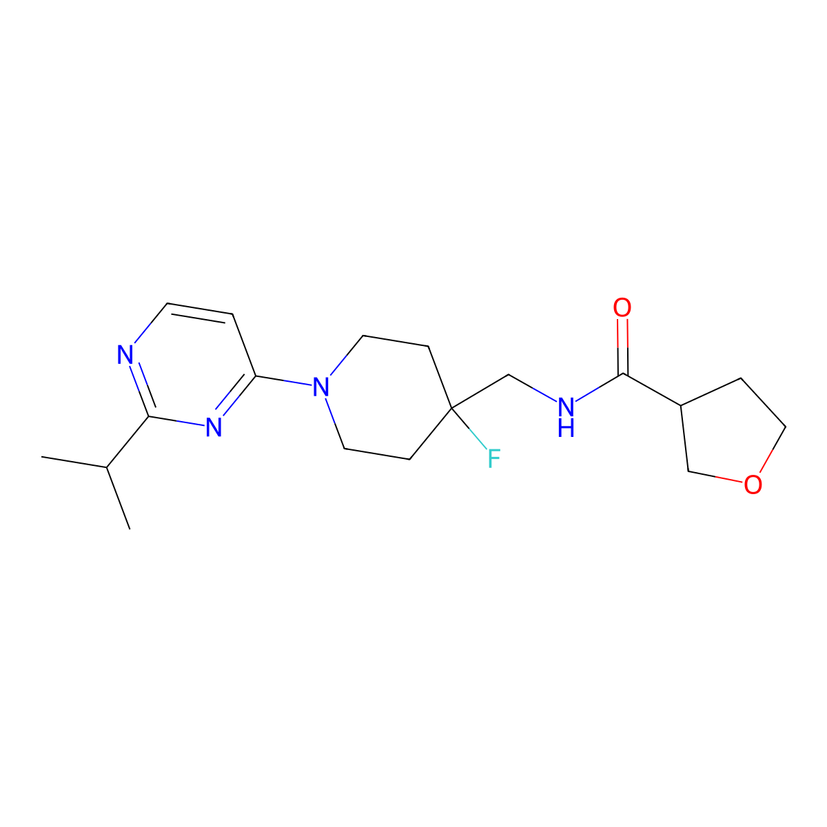 N-({4-fluoro-1-[2-(propan-2-yl)pyrimidin-4-yl]piperidin-4-yl}methyl)oxolane-3-carboxamide molecular structure, CAS 2877765-79-0