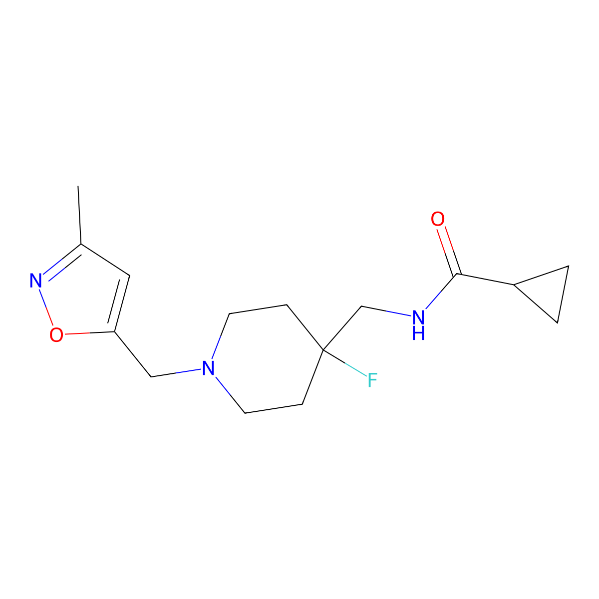 N-({4-fluoro-1-[(3-methyl-1,2-oxazol-5-yl)methyl]piperidin-4-yl}methyl)cyclopropanecarboxamide molecular structure, CAS 2877765-83-6