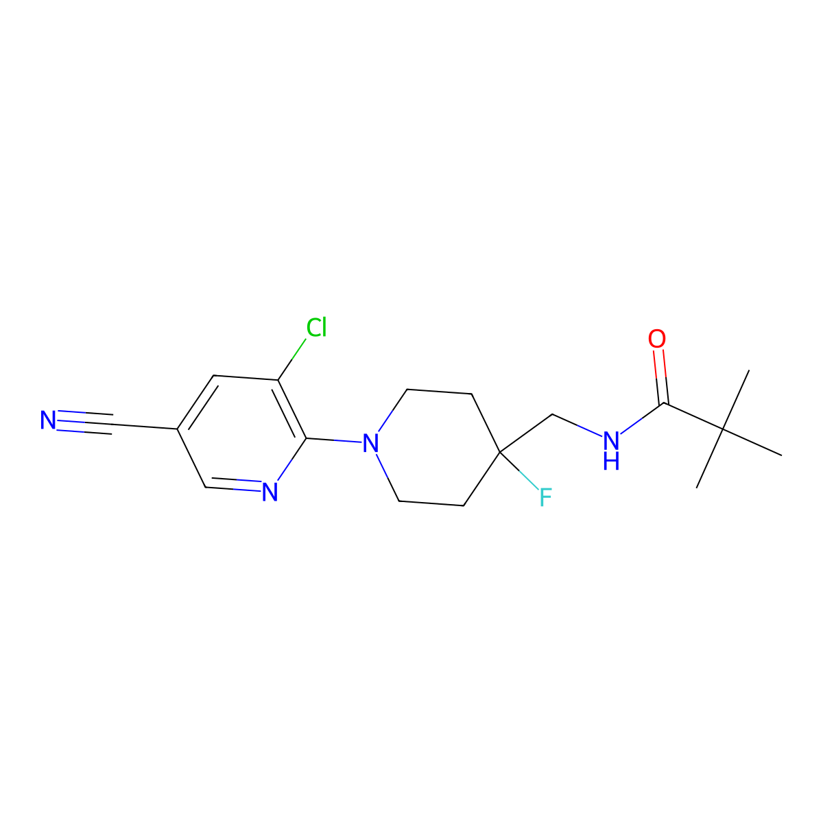 N-{[1-(3-chloro-5-cyanopyridin-2-yl)-4-fluoropiperidin-4-yl]methyl}-2,2-dimethylpropanamide molecular structure, CAS 2877765-86-9