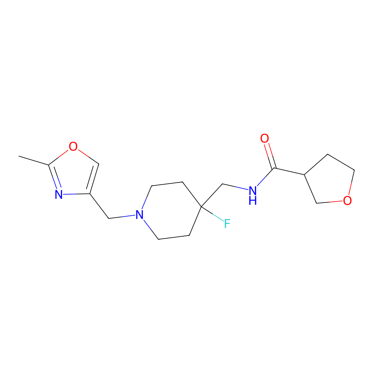 N-({4-fluoro-1-[(2-methyl-1,3-oxazol-4-yl)methyl]piperidin-4-yl}methyl)oxolane-3-carboxamide molecular structure, CAS 2877765-88-1