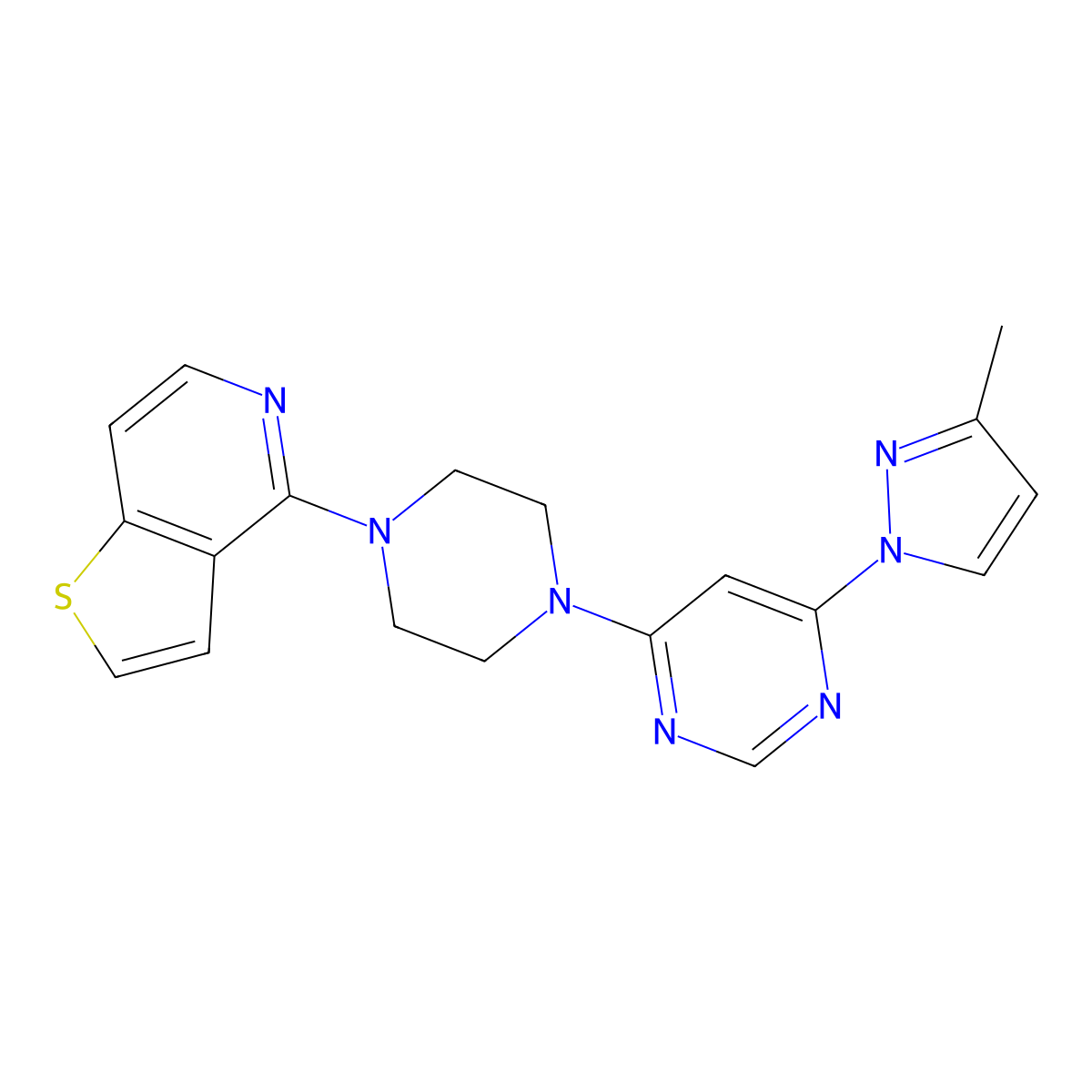 4-(3-methyl-1H-pyrazol-1-yl)-6-(4-{thieno[3,2-c]pyridin-4-yl}piperazin-1-yl)pyrimidine molecular structure, CAS 2877765-91-6