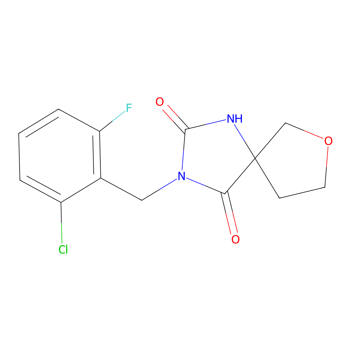 3-[(2-Chloro-6-fluorophenyl)methyl]-7-oxa-1,3-diazaspiro[4.4]nonane-2,4-dione molecular structure, CAS 2877765-94-9