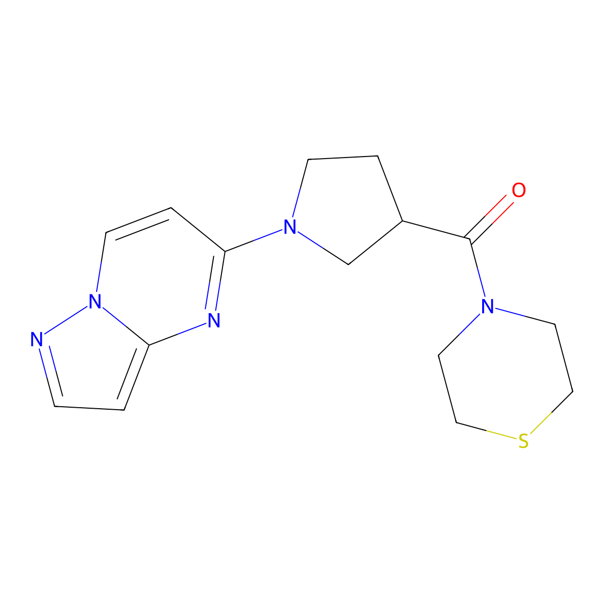 4-(1-{Pyrazolo[1,5-a]pyrimidin-5-yl}pyrrolidine-3-carbonyl)thiomorpholine molecular structure, CAS 2877765-99-4