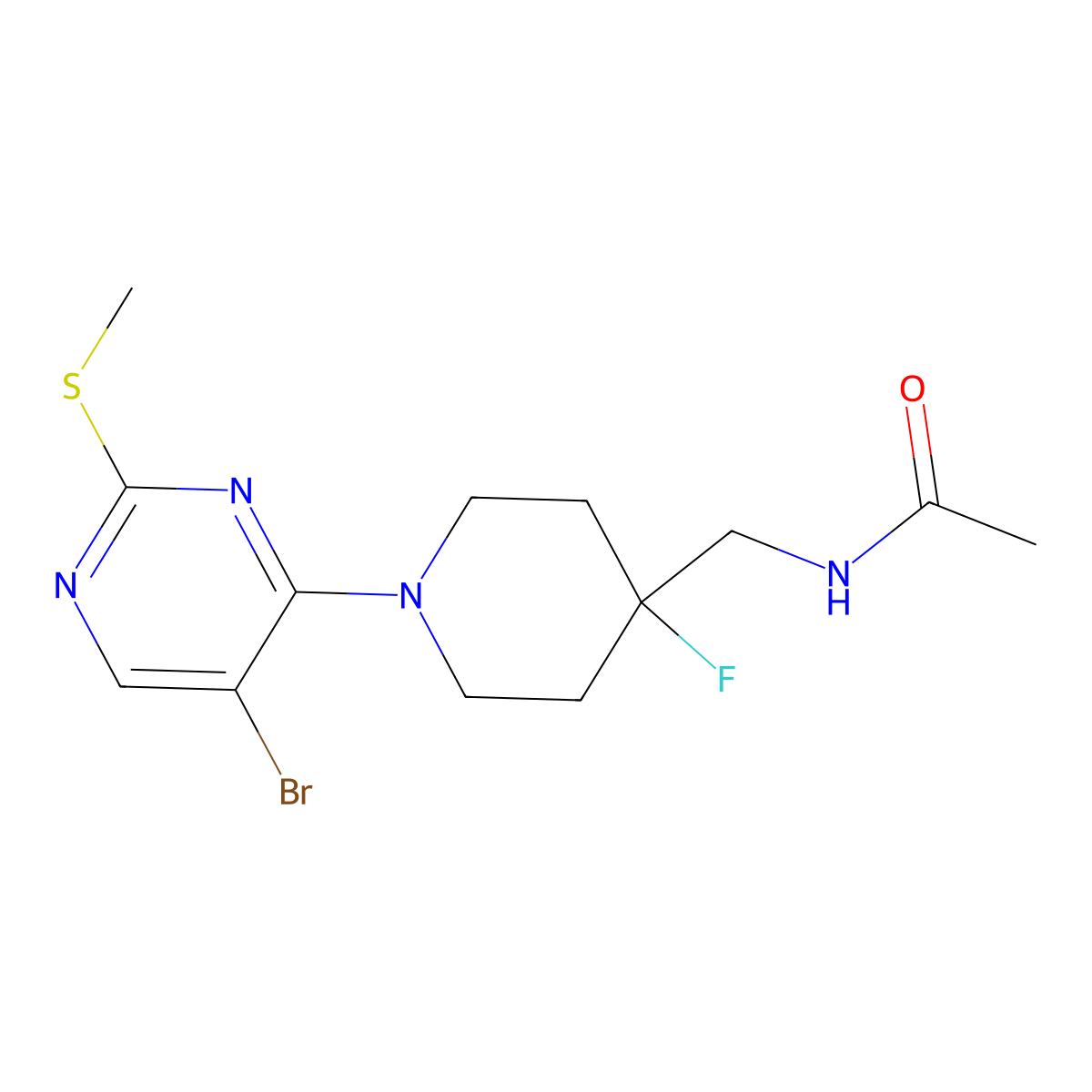 N-({1-[5-bromo-2-(methylsulfanyl)pyrimidin-4-yl]-4-fluoropiperidin-4-yl}methyl)acetamide molecular structure, CAS 2877766-00-0
