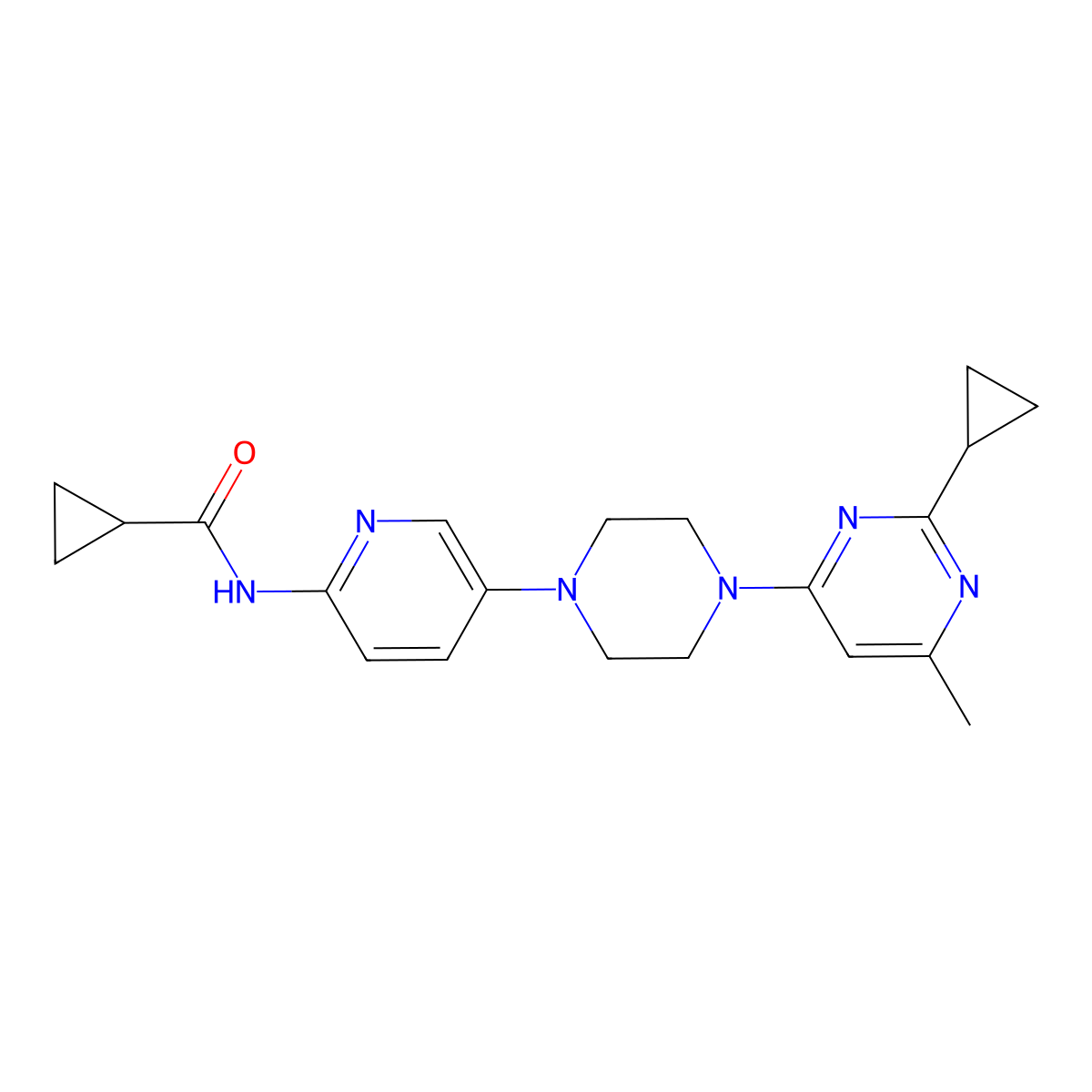 N-{5-[4-(2-cyclopropyl-6-methylpyrimidin-4-yl)piperazin-1-yl]pyridin-2-yl}cyclopropanecarboxamide molecular structure, CAS 2877766-01-1