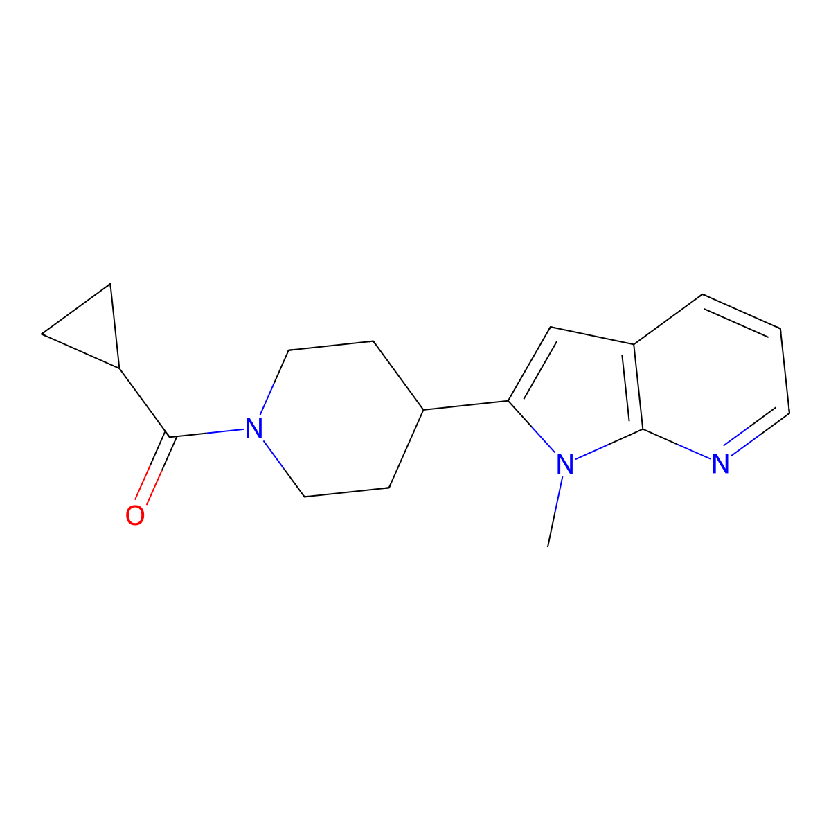 1-cyclopropanecarbonyl-4-{1-methyl-1H-pyrrolo[2,3-b]pyridin-2-yl}piperidine molecular structure, CAS 2877766-07-7