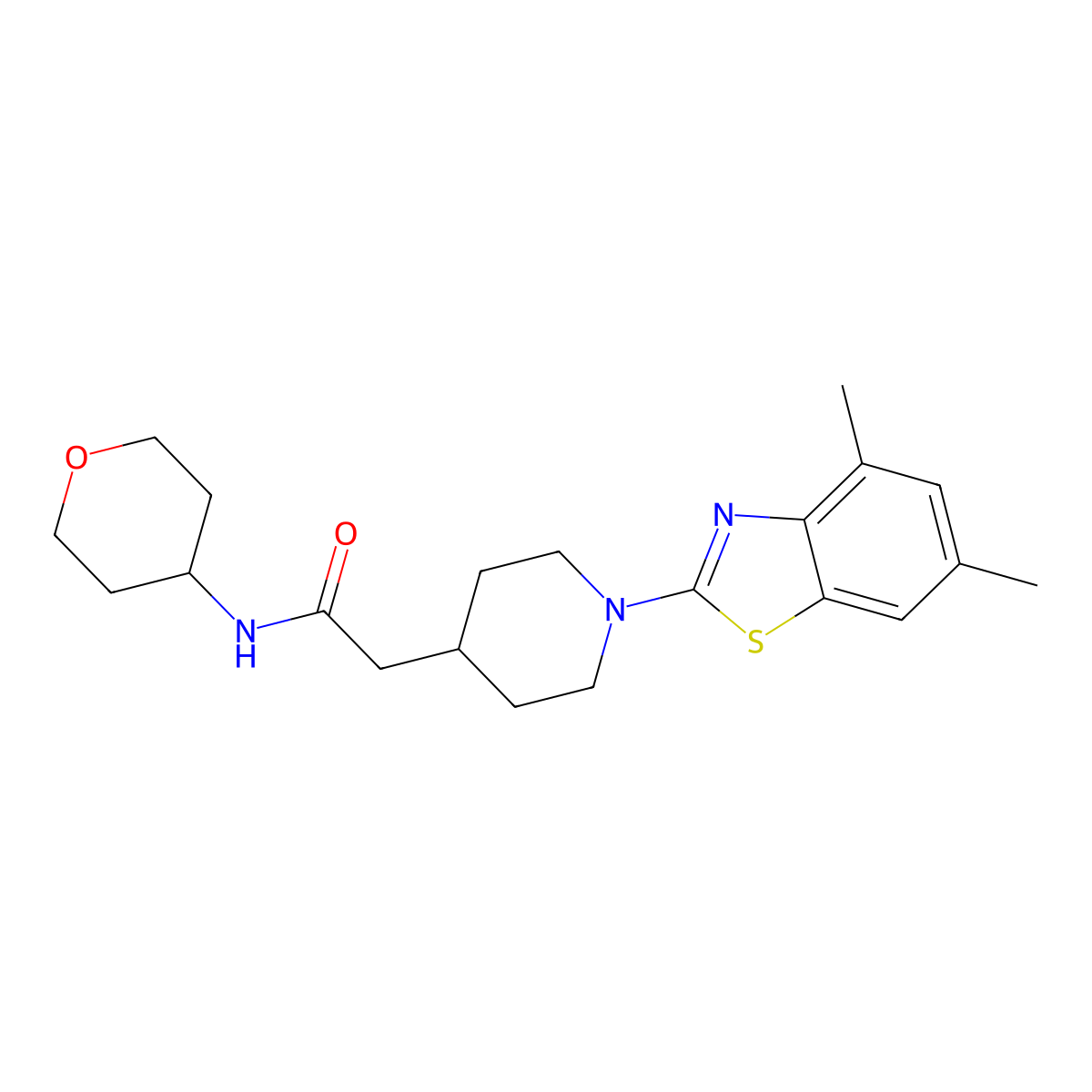 2-[1-(4,6-dimethyl-1,3-benzothiazol-2-yl)piperidin-4-yl]-N-(oxan-4-yl)acetamide molecular structure, CAS 2877766-09-9