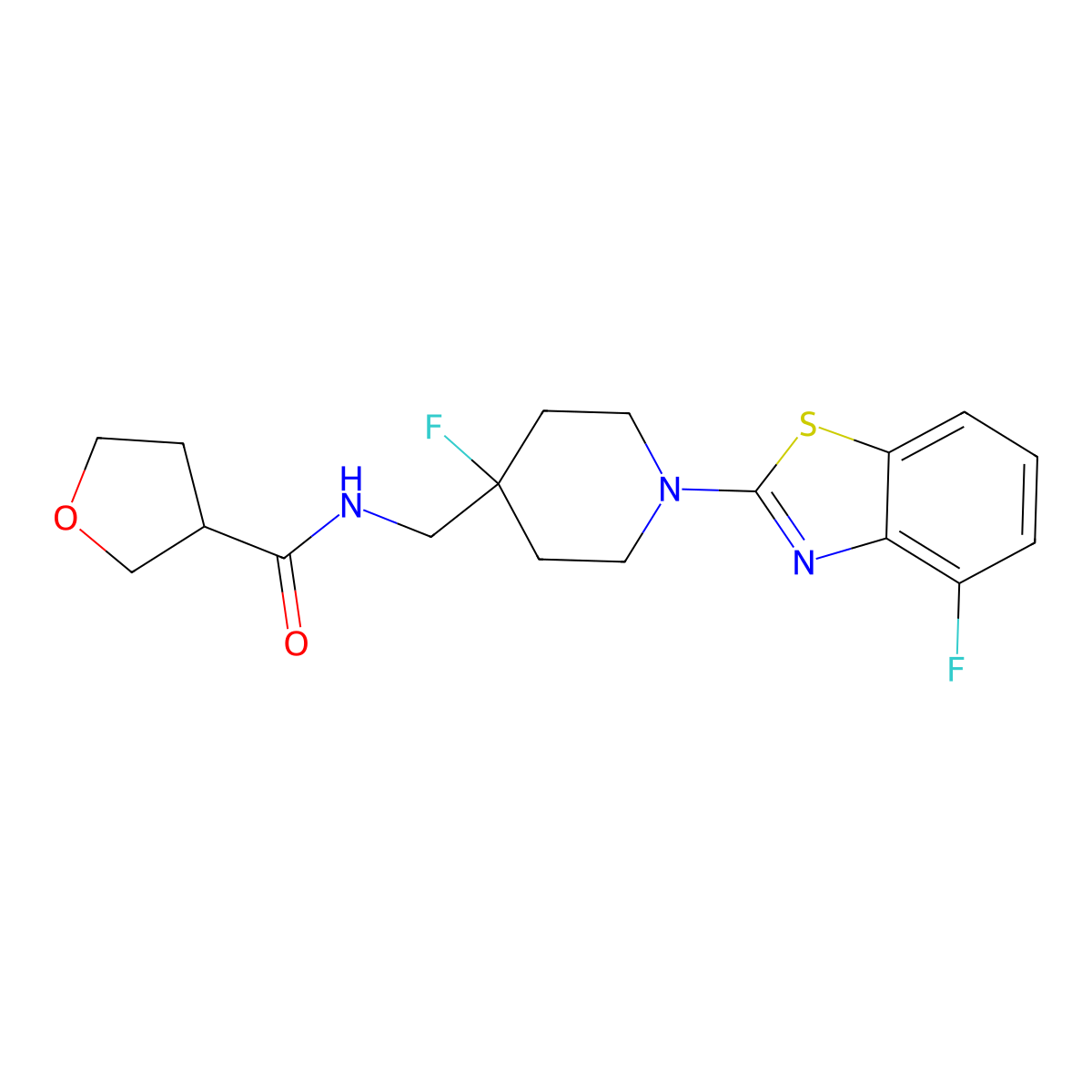 N-{[4-fluoro-1-(4-fluoro-1,3-benzothiazol-2-yl)piperidin-4-yl]methyl}oxolane-3-carboxamide molecular structure, CAS 2877766-19-1